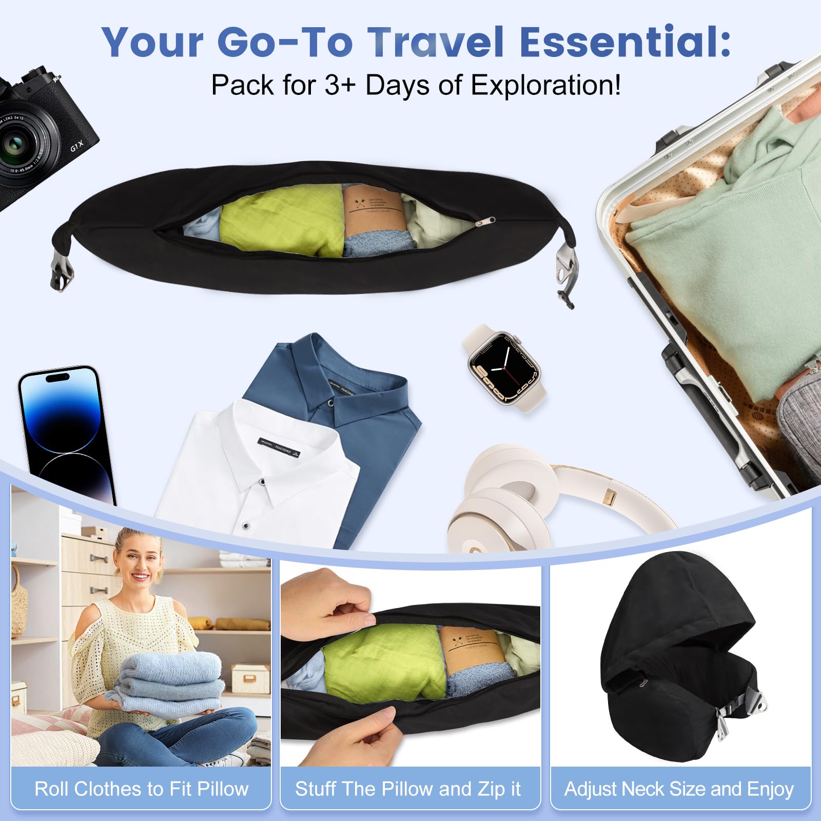 DreamShore Cuscino da viaggio imbottito da viaggio con cappuccio, cuscino da viaggio regolabile in velluto con tappi per le orecchie e maschera per gli occhi, cuscino da viaggio per trasporto in aereo