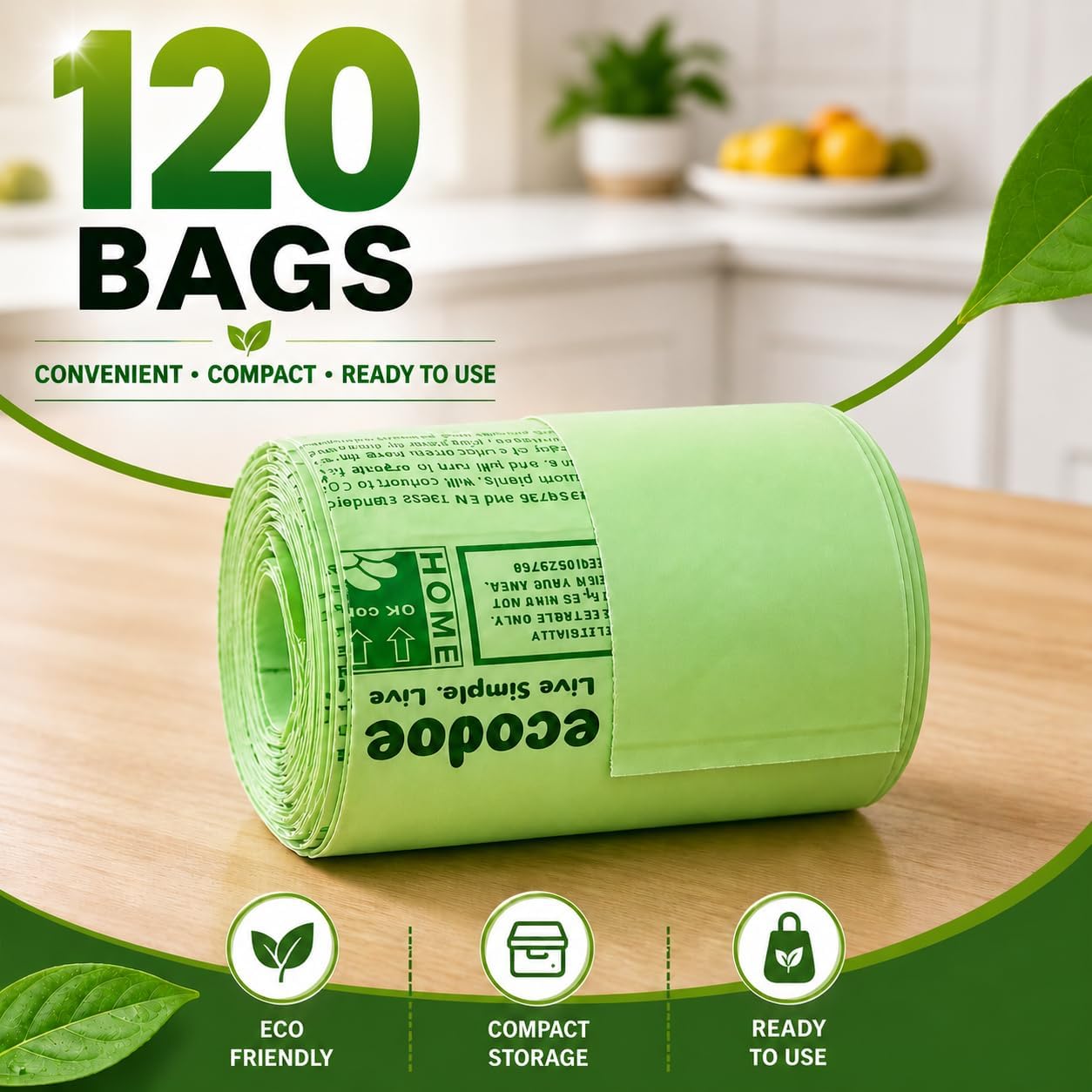 1.6 Gallon 100% Compostable Food Scrap Bags Handle Tie (120 Bags) Small Trash Bags Kitchen Garbage Bags US BPI Certified TUV OK Compost Home Certified Meeting ASTM D6400 (120 ct.)