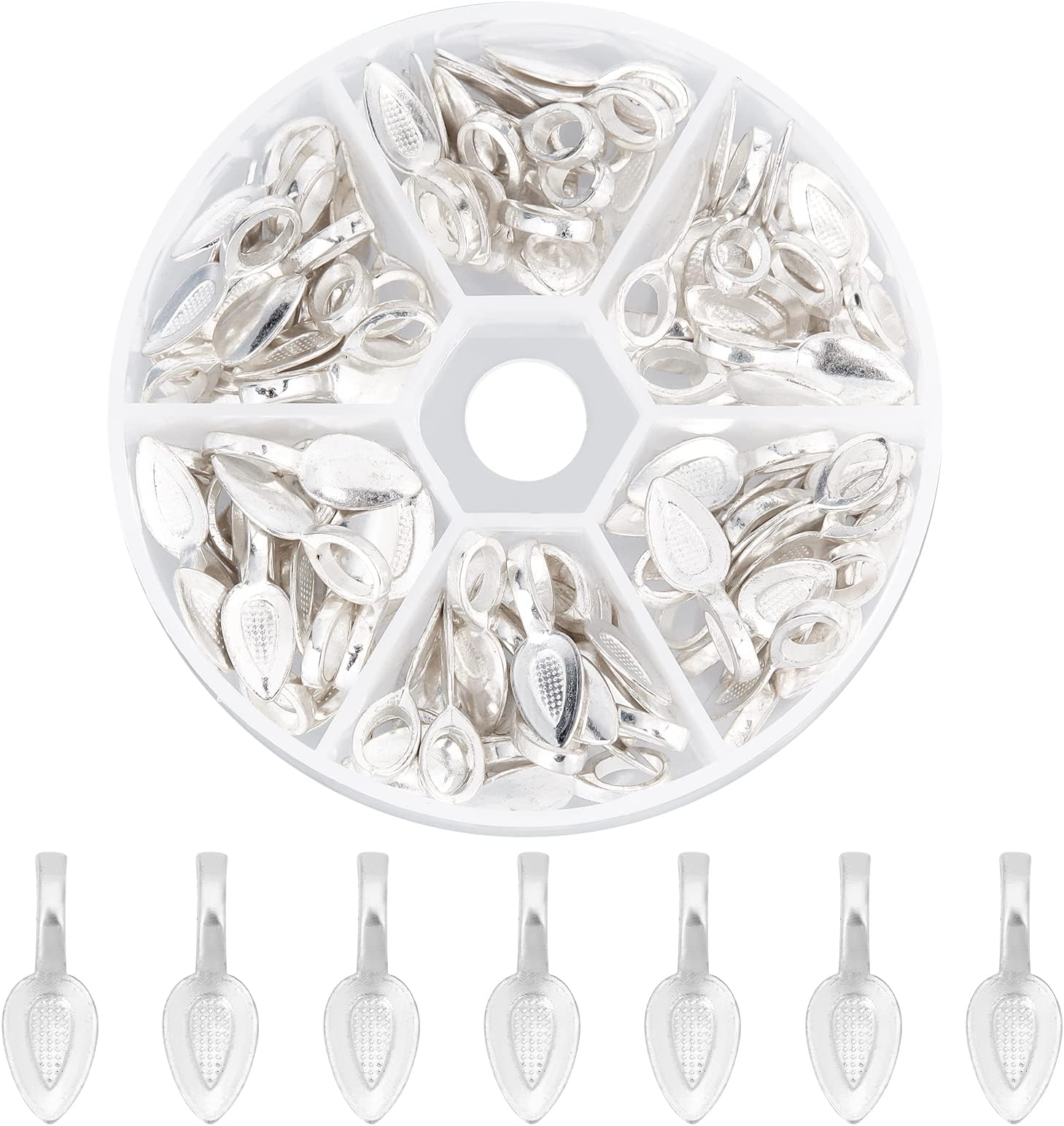 PH PandaHall 100pcs Spoon Pendant Bails, Leaf Bail Decorative Bails Silver Glue on Earring Bails Flat Pad Pendant Finding for DIY Crafts Earring Necklace Pendants Jewellery Making