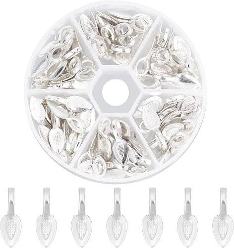 PH PandaHall 1 Box 100pcs Leaf Shape Tibetan Style Glue-on Flat Pad Bails Pendant Cabochon Jewellery Findings, Silver, 21x8x6mm, Hole: 4x6mm