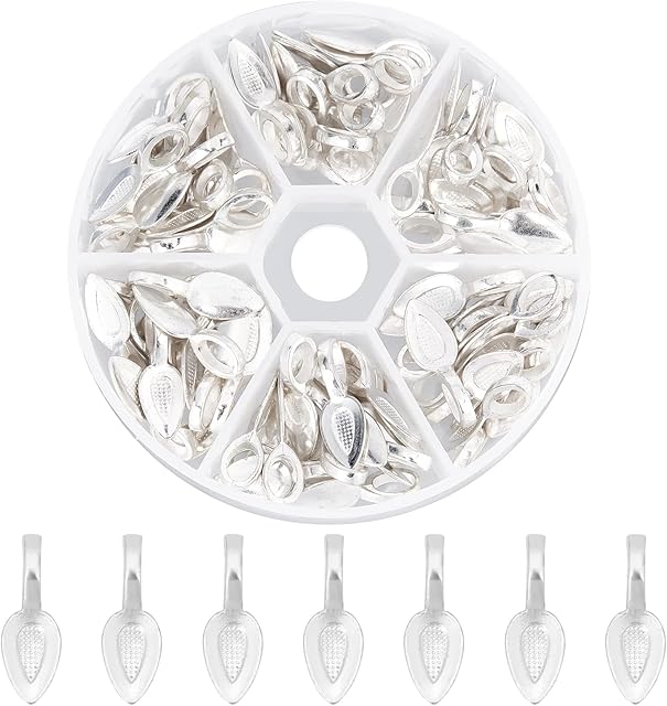 PandaHall Elite 1 Box 100pcs Leaf Shape Tibetan Style Glue-on Flat Pad Bails Pendant Cabochon Jewellery Findings, Silver, 21x8x6mm, Hole: 4x6mm