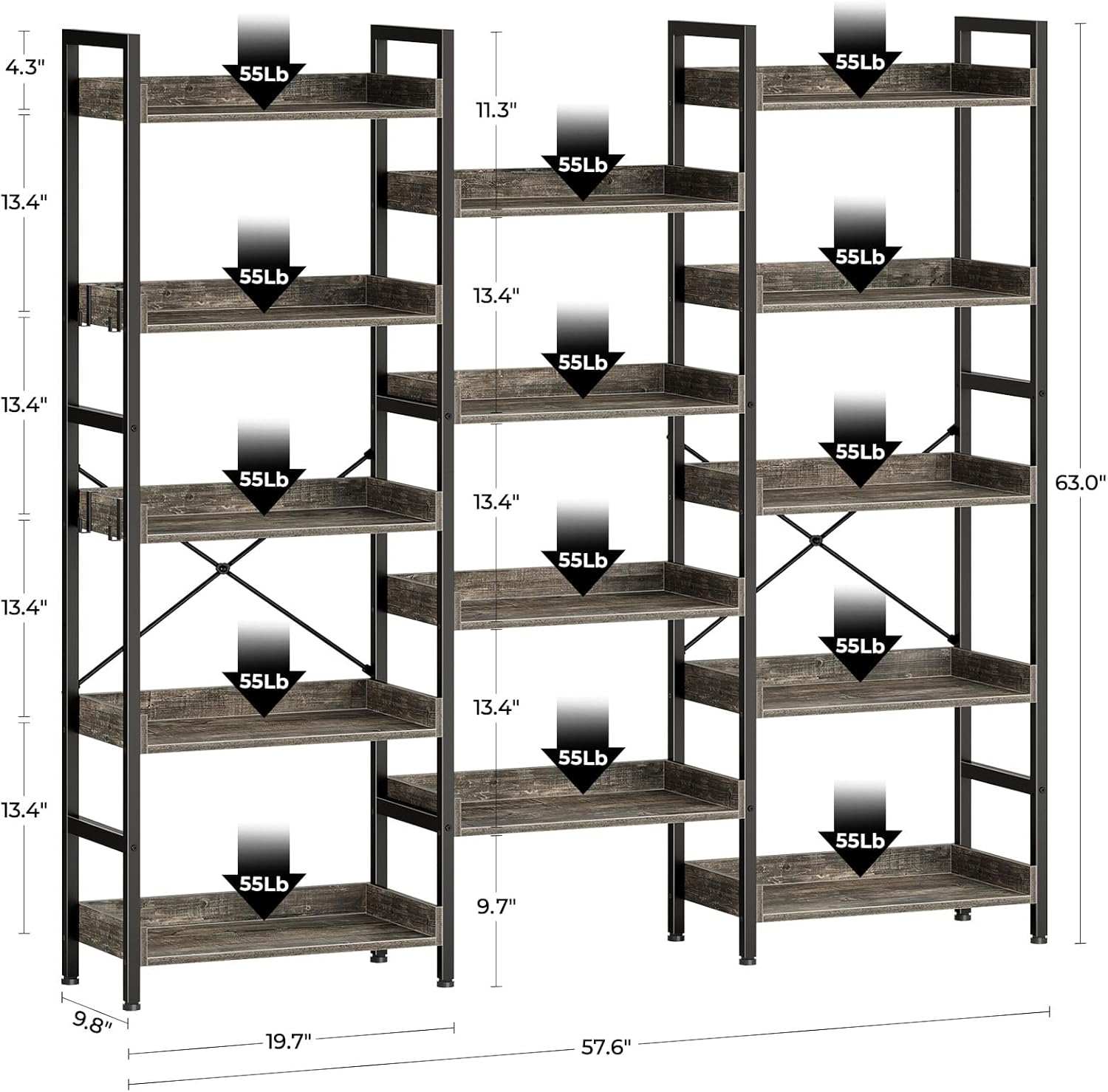 Rolanstar Bookshelf 5 Tiers, Triple Bookcase with Open Display Shelves, Industrial Wide Bookshelf with Metal Frame for Living Room, Office, Grey