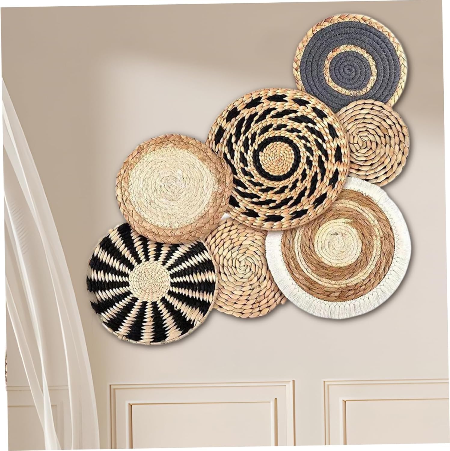 Gewebte Wanddekoration 7er Set, Boho Rattan Blumen Hängekörbe, handgefertigt für Schlafzimmer, Party und Zuhause, Bohemian-Stil Wandkunst, einzigartige dekorative Akzente