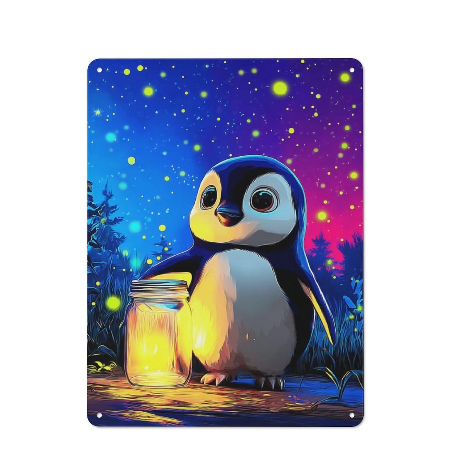 Tin Wall Plaque 40x30cm with Penguin with Glowing Jar -5 for Workshop Wall, Suited to Makers And DIY Enthusiasts