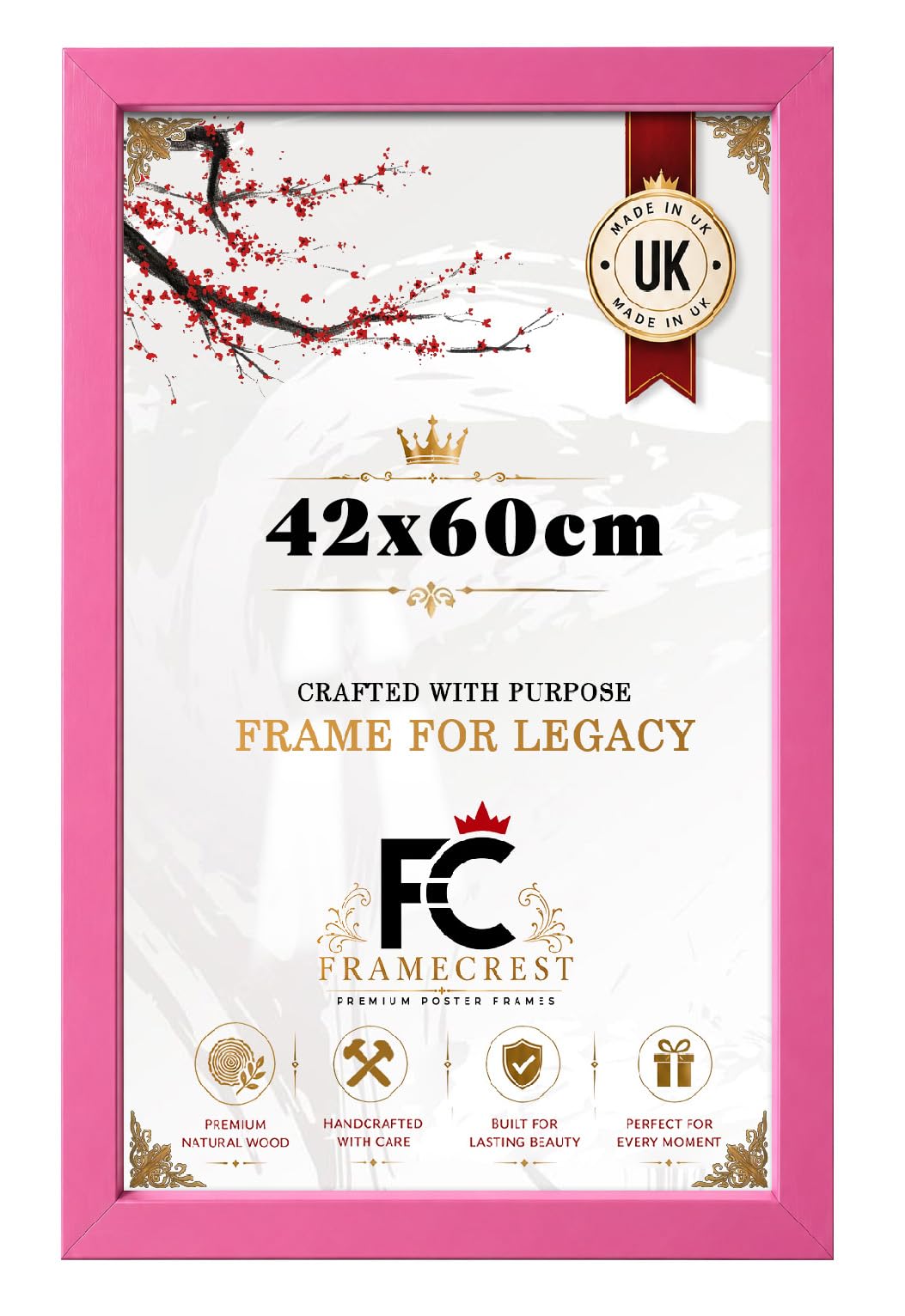 FRAMECREST Elegant 42x60cm Poster Frame | MDF Frame, Metal Clips on Back | Wall Mount Frame for Prints with Real HD Perspex, Great for Photos, Artworks, Posters, Puzzle-[Pink]