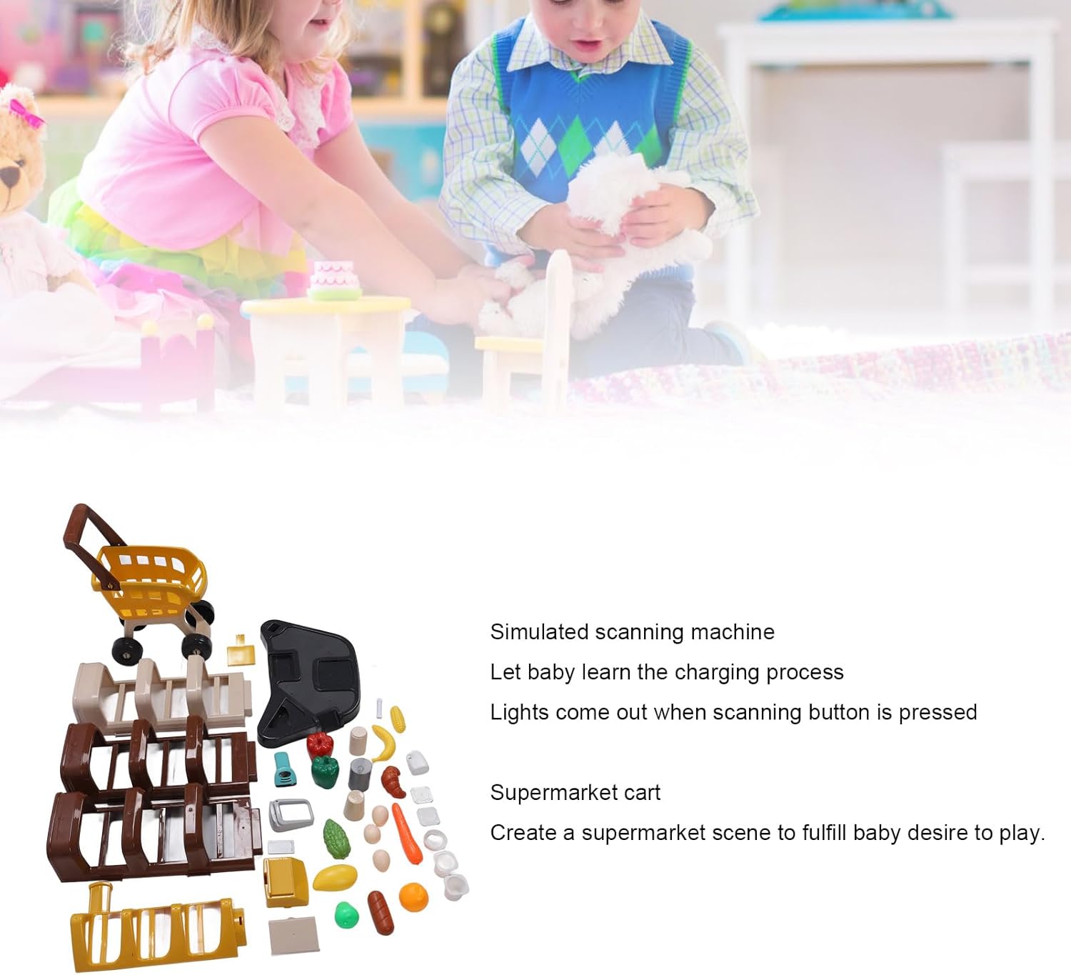 Kids Supermarket Set, Cash Supermarket Playset Cart for Kids with Food Fruit Vegetables, Shopping Cart Trolley Toy Food Grocery Store Playset Toys Accessories