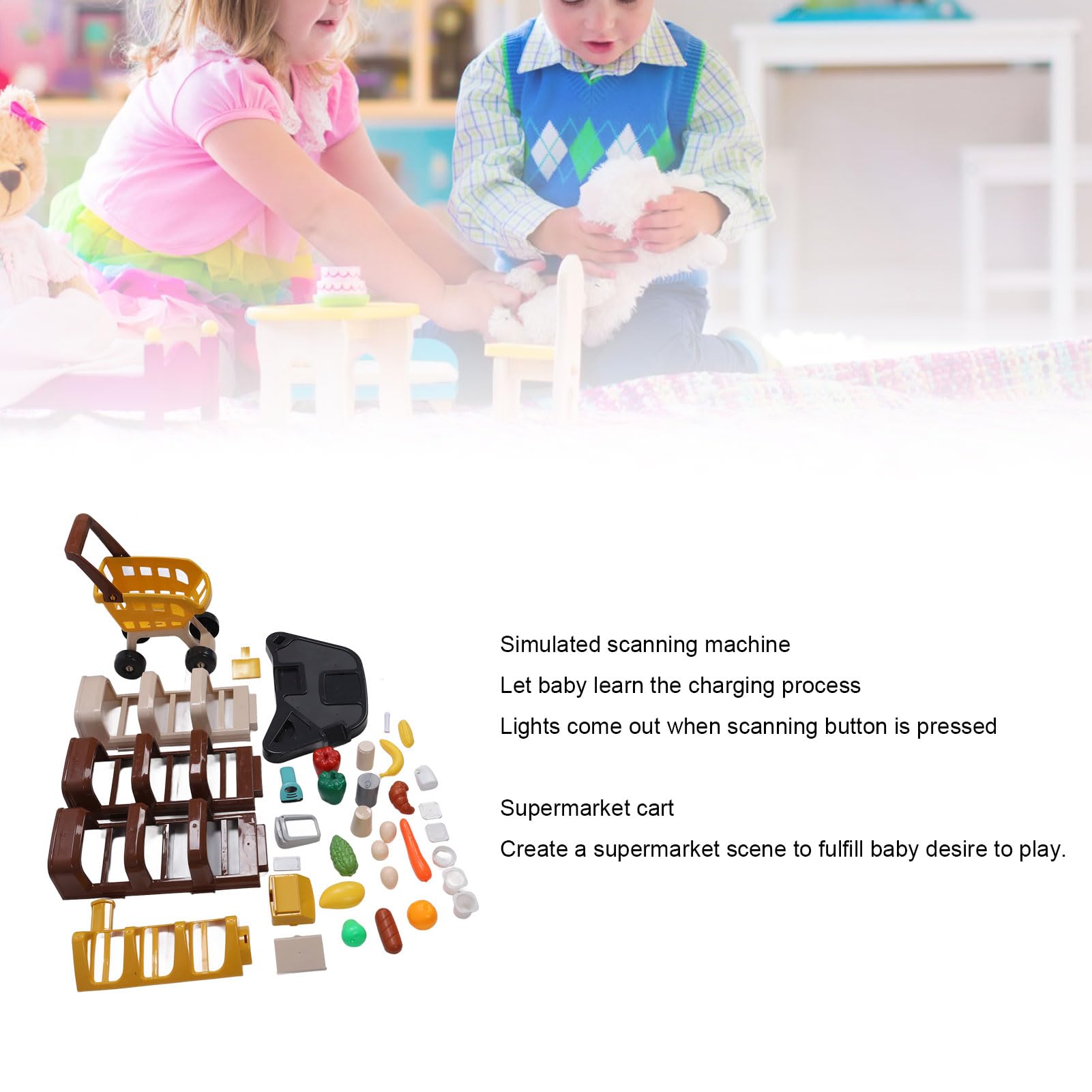 Alomejor Set da Gioco per il Negozio di Alimentari per Bambini, con Scanner Funzionante e Registratore di Cassa per il Carrello della spesa. Gioca a Giocattoli Alimentari