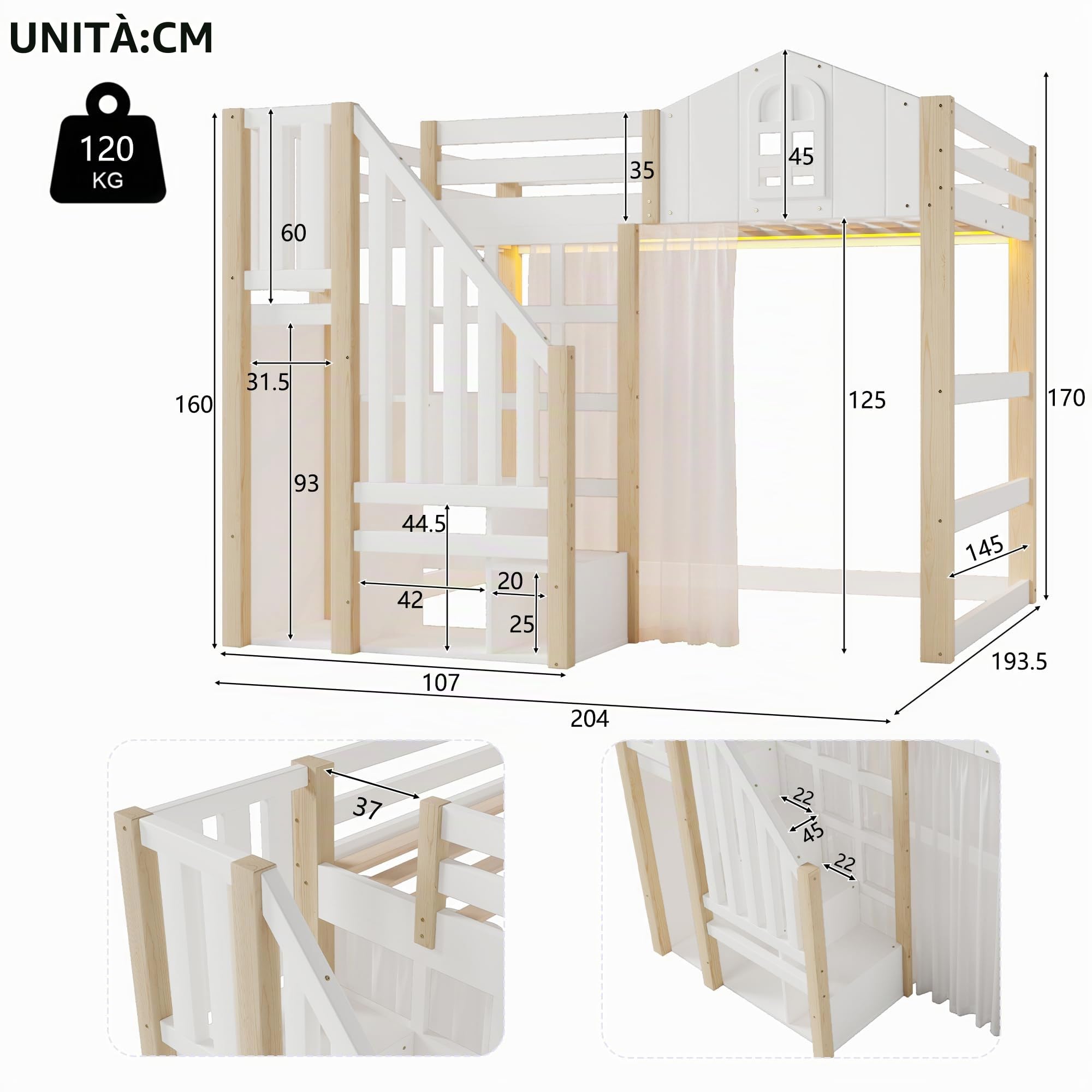 Letto a soppalco, 140 x 200 cm, con luci a LED, a forma di finestra, vano portaoggetti aperto, garza, senza materasso, bianco+naturale