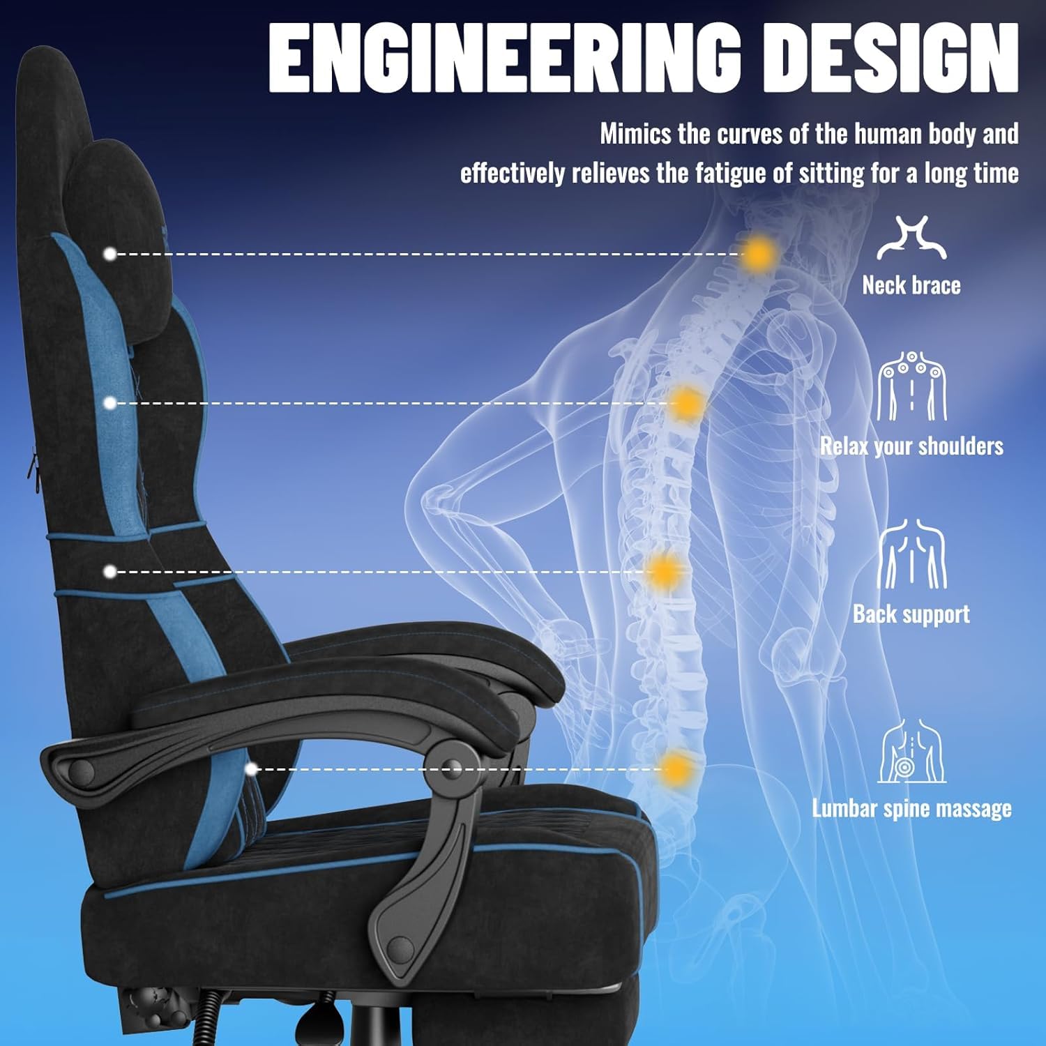 Soontrans Silla Gaming con Cojín Lumbar Masajeador, Silla Gamer con Reposacabezas, Reposapiés, Cadeira Gaming, Tela sintética, Altura Ajustable para Juegos (Negro y Azul)