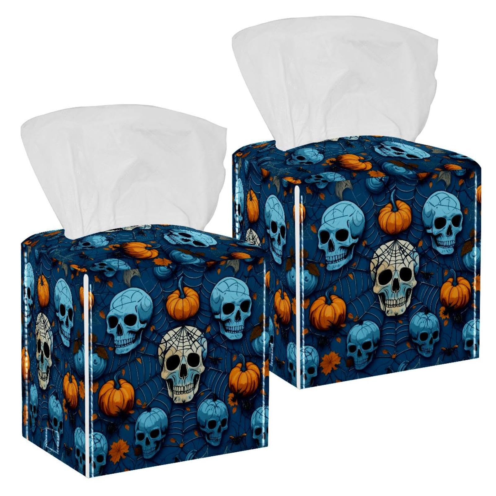 Skulls and Pumpkins Tissue Box Cover, 2 Pack PU Leather Square Facial Tissue Dispenser Box holder for Home Office Car