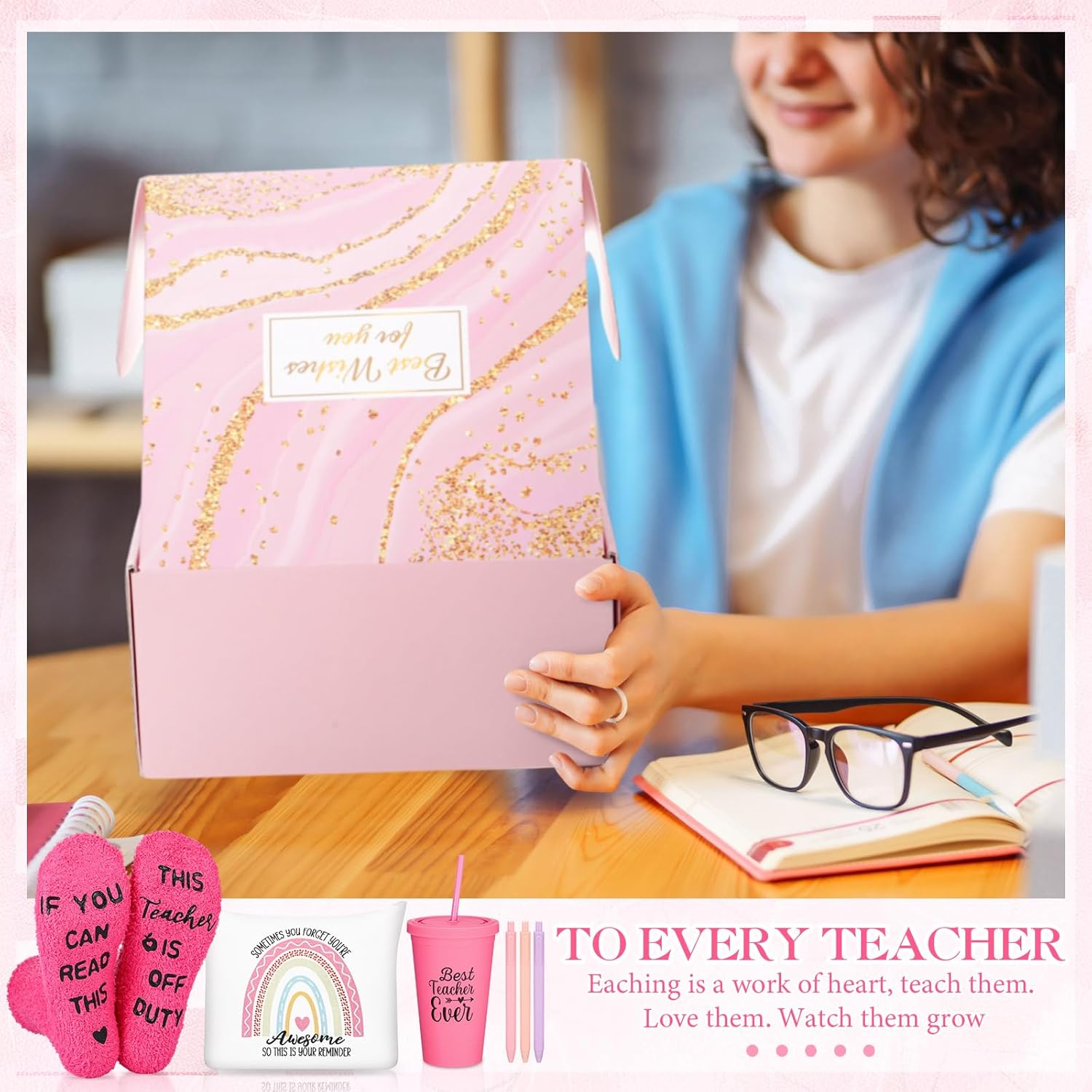 Skylety 7 Pcs Teacher Appreciation Gifts Thank You Teacher Gifts for Women 16OZ Plastic Tumbler with Lid Socks Makeup Bag Box Pens for Retirement Birthday Christmas Back to School(Hot Pink) - Image 5