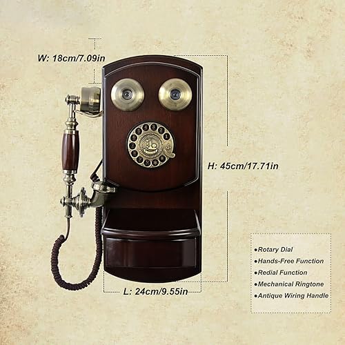 Miniatura 6 de Teléfono de pared retro, antiguo teléfono giratorio de montaje en pared con timbre mecánico vintage, teléfono fijo clásico antiguo con cable para