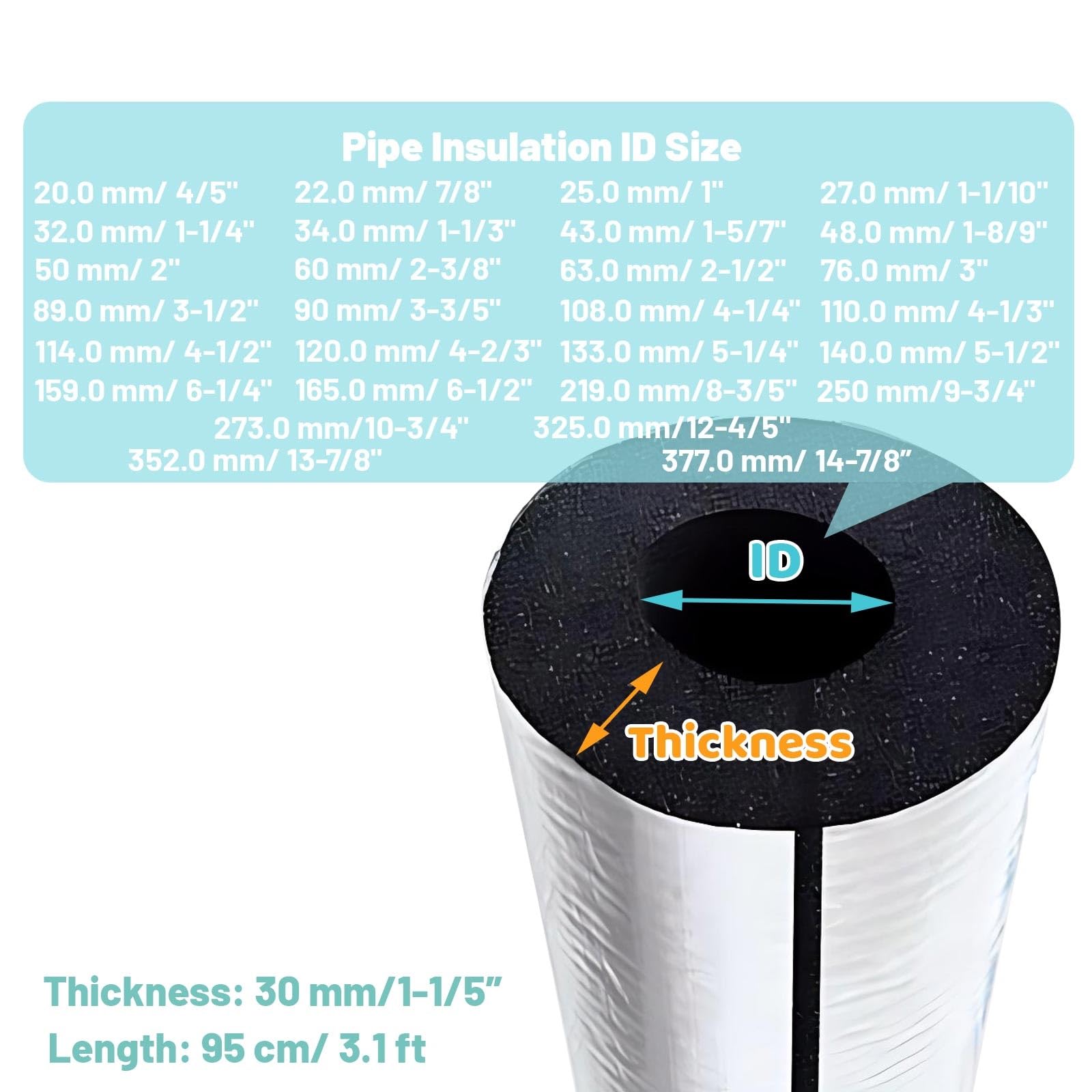 Aislamiento de Tuberías para Exteriores ID 20-377.0 mm Aislante Tubo Aire Acondicionado 30 mm Espesor Papel de Aluminio Coquilla Aislante(ID 250 mm)