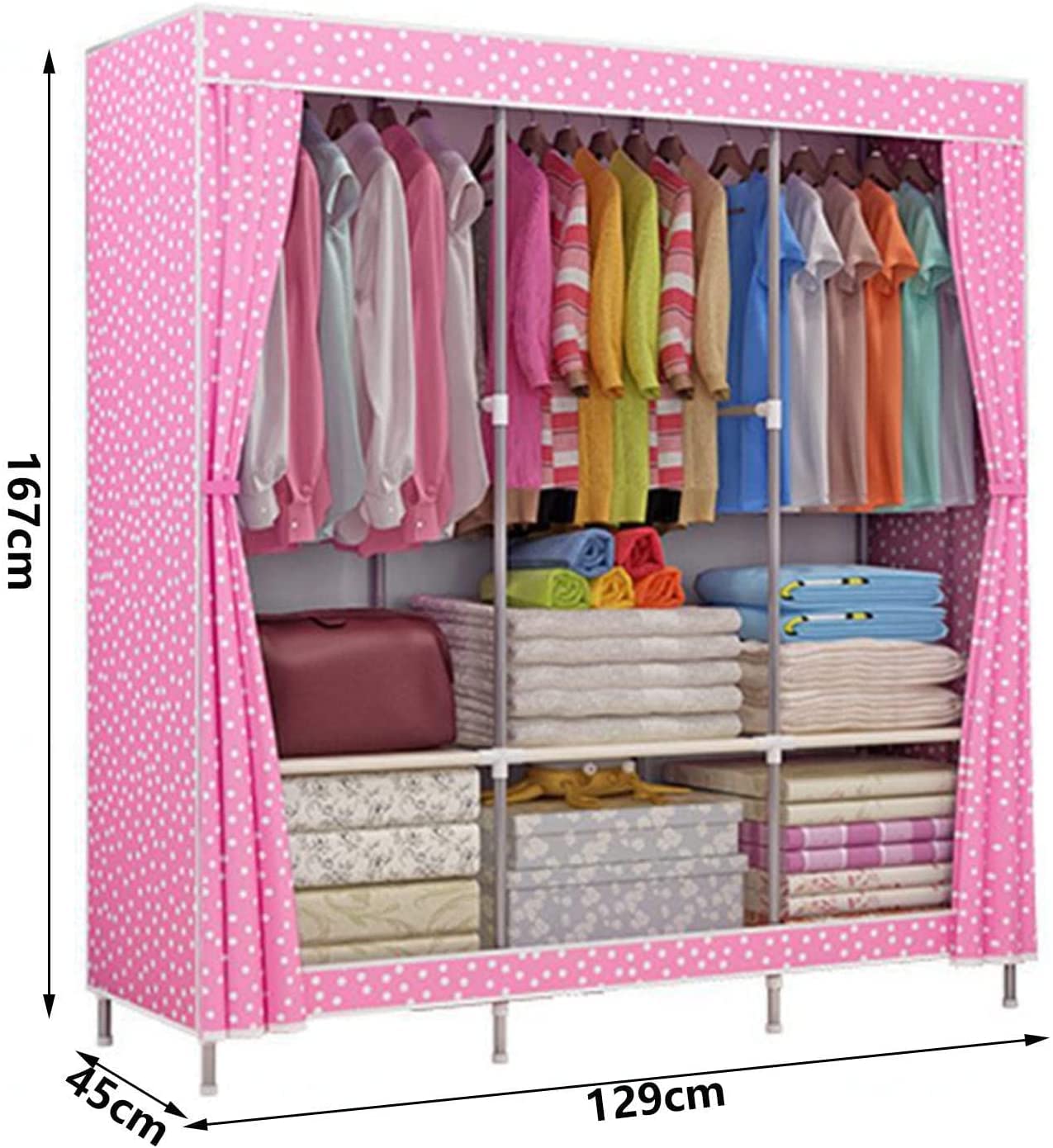Armadio Portatile in Tela,Armadi in Tessuto con Asta Appendiabiti,Rivestimento in Tessuto,Armadio Organizzatore per Vestiti,Scarpe,Pink-129x45x167cm