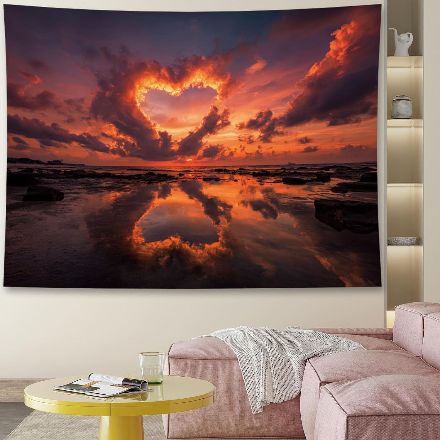 Liuzhouzai A Heart-Shaped Cloud Against the Beach Tapestry Pretty Twilight Wall Hanging Art Living Room Bedroom Bedhead Background Wall Decoration 80 x 60 Inches