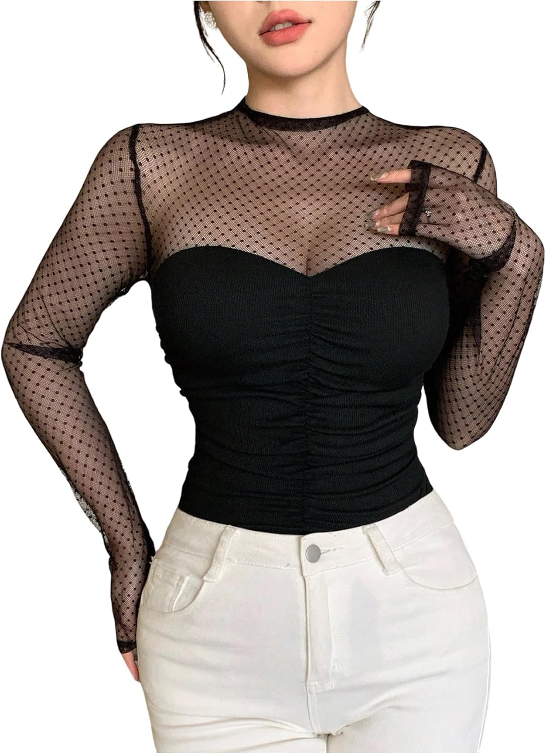 OYOANGLE Women's Polka Dots Mesh Patchwork Long Sleeve Tshirts Mock Neck Ruched Fitted Tops