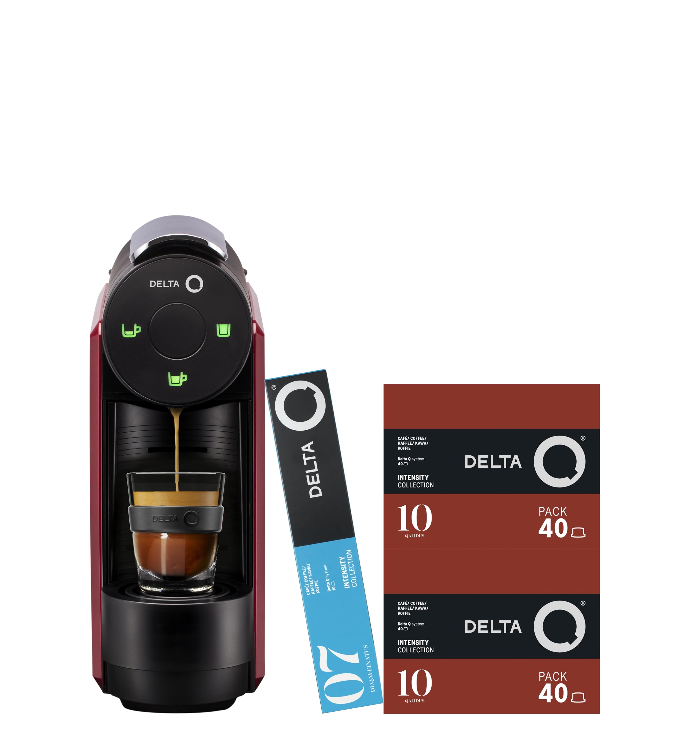 Delta Q Machine à Capsules MiniQool Rouge, Inclus 90 Capsules | 19 Bars de Pression, Réservoir 0.6L, Inclus 2 x 40 Caps Qalidus et 10 Caps Décaféinées, Design ultra-compact