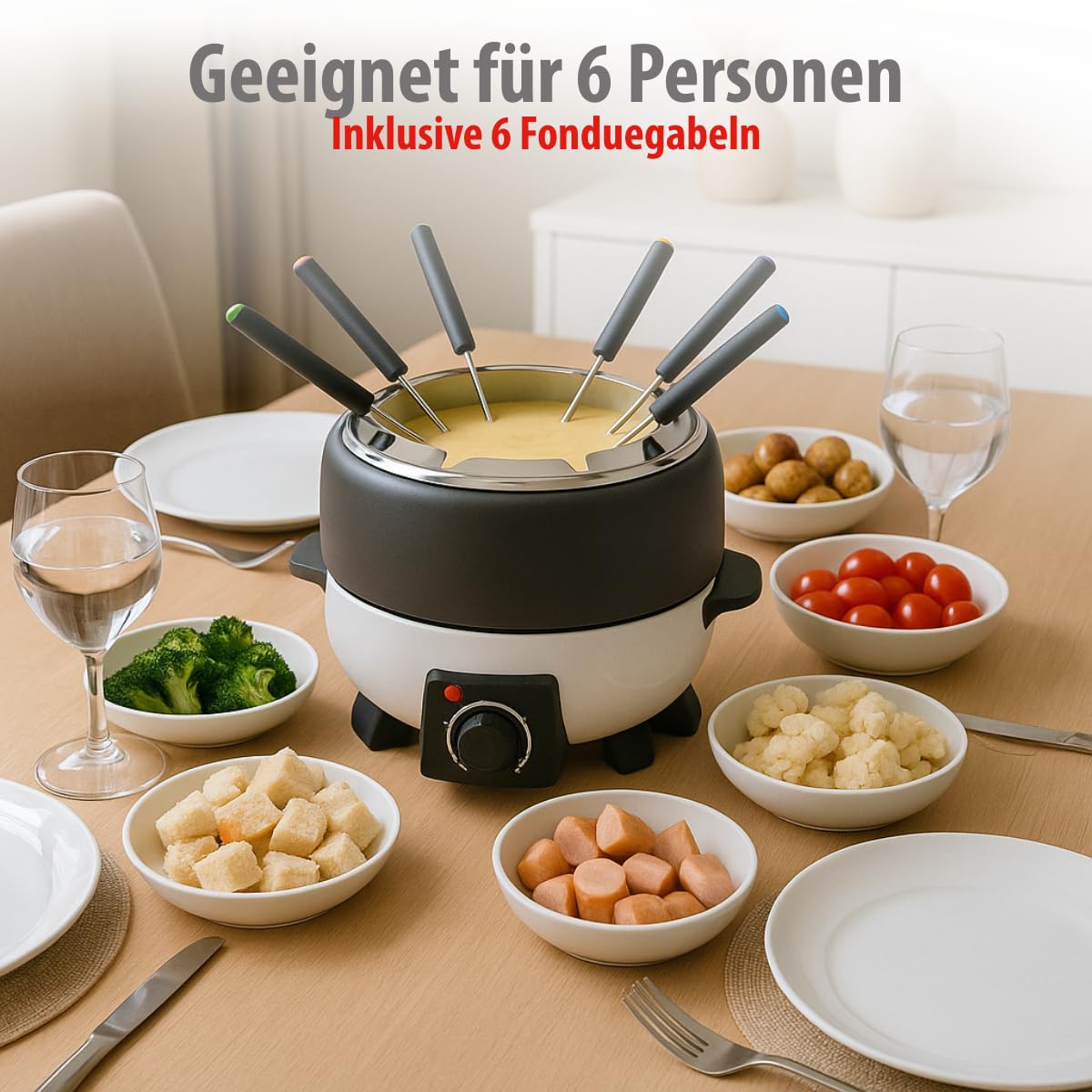 Deluxe Elektrisches Fondue Set 800W – Elektrische Pfanne 2L für 6 Personen - Geeignet für Käsefondue und Schokofondue – Inkl. Fonduegabeln – Einstellbare Temperatur – Edelstahl