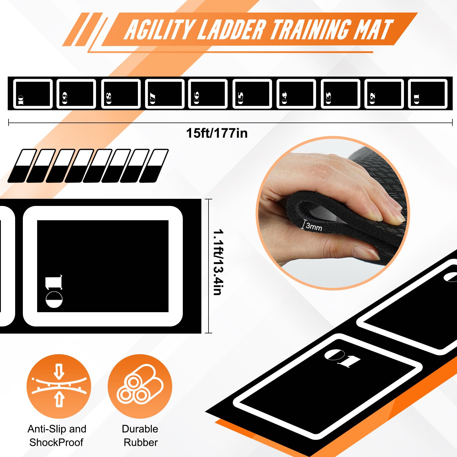 Agility Set:Fußballmatte Trainingsmatte, Fußball Trainingszubehör, 4.5m Fußball Schritt Trainingsmatte, mit 10 Hütchen und Aufbewahrungstasche, Trainingsset Equipment Zubehör Fußballtraining
