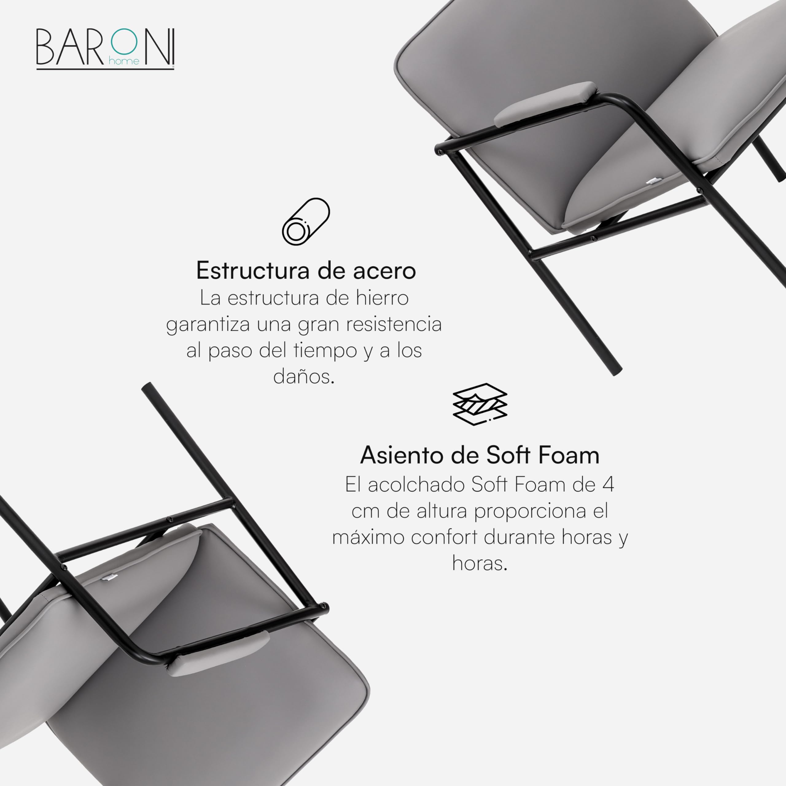 Baroni Home Sillón de Piel Sintética con Estructura de Hierro Diseño Vintage, Asiento Relax para Salón, Dormitorio, Oficina, 78x59x64 cm (Gris)