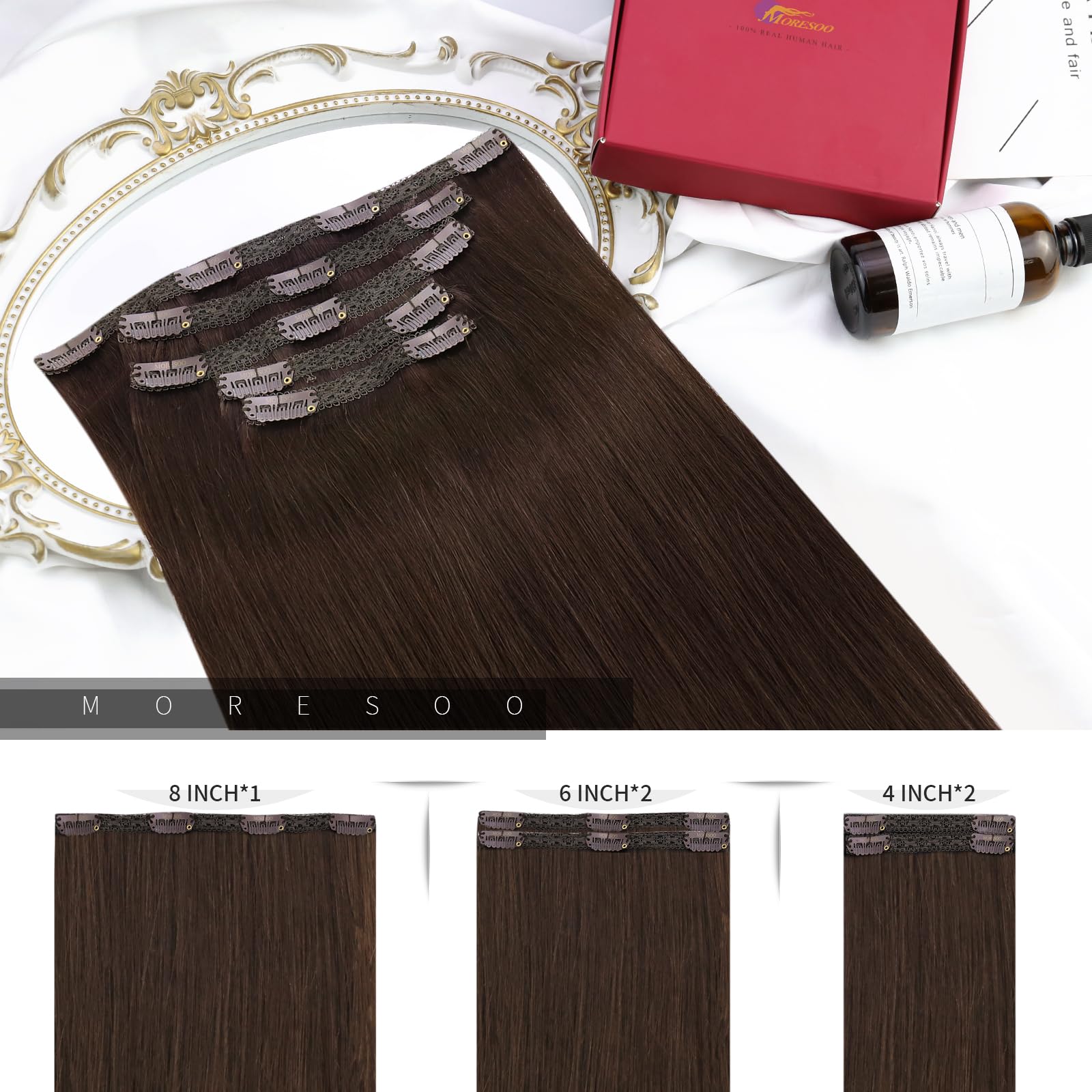 Moresoo Extension Clip Capelli Veri Marrone Invisibile Extension Capelli Veri Clip Marrone Cioccolato Remy Lisci Extension Capelli Veri con Clip Marrone Scuro #4 45 cm 120g 7pcs