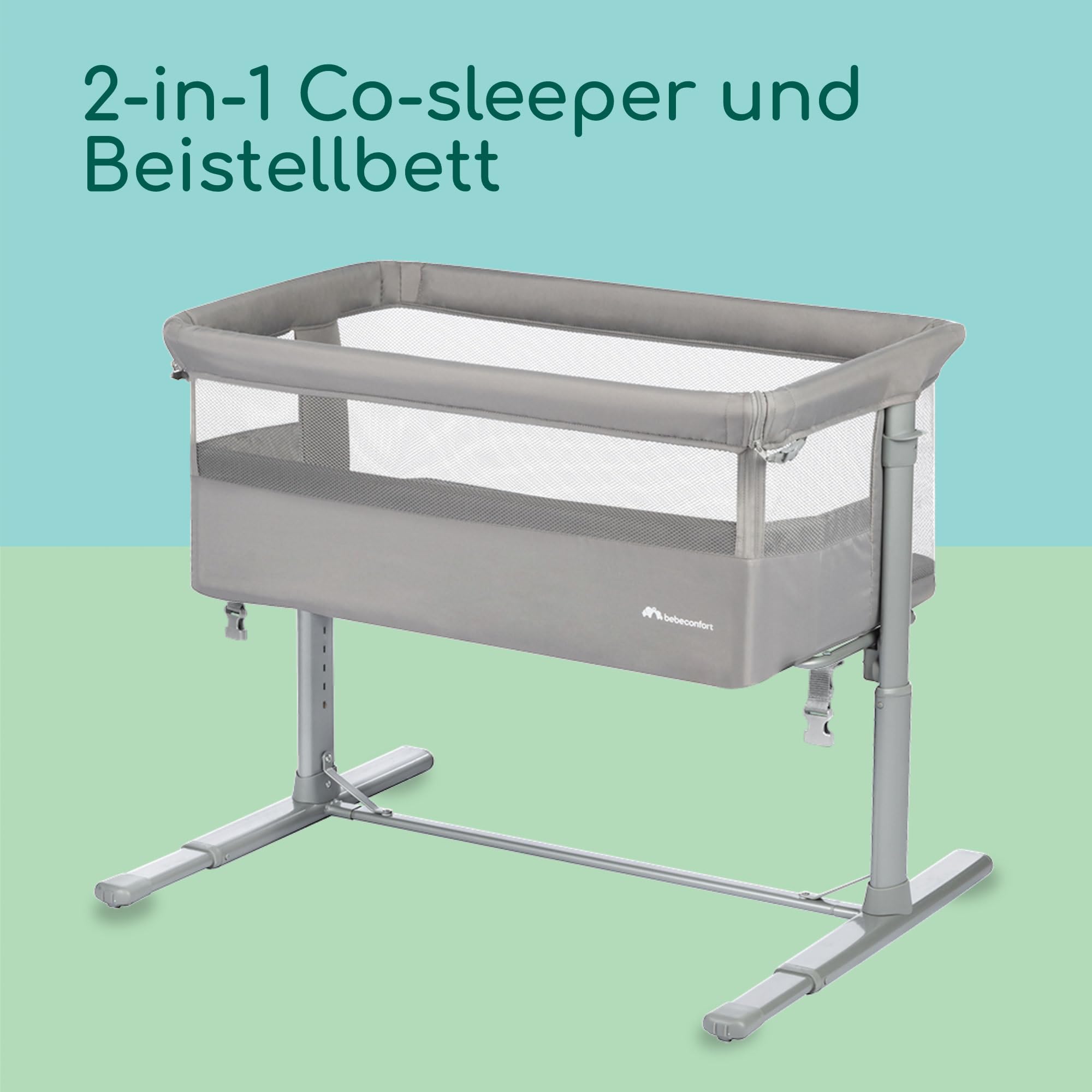 Bebeconfort Zina Co-Sleeper & Beistellbett Baby Von der Geburt bis zu 6 Monaten (0-9kg), Klappbares Beistellbett, 5 verstellbare Höhen, Verstellbare Matratze, Mineral Grey