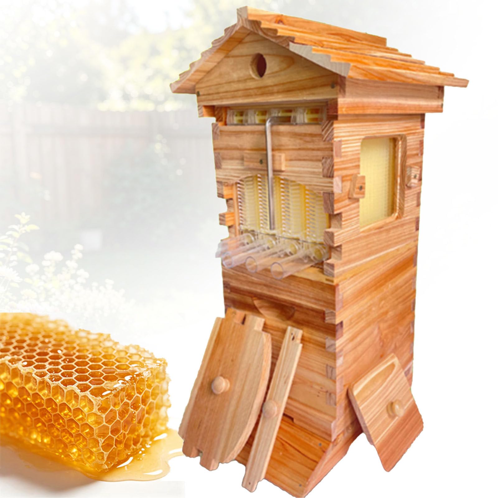 Arnia in Legno Deflusso Automatico, Kit di Avvio per L'Apicoltura, Include 4 Telai per Api e 6 Vassoi Favo, Raccolta Automatica del per L'Apicoltura, Impollinatori da Giardino