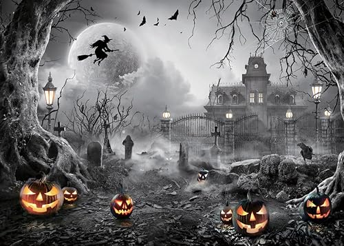 Alltten Telón de fondo de Halloween de 7 x 5 pies, escena de cementerio embrujado, telón de fondo de fotografía de Halloween para fiesta temática de