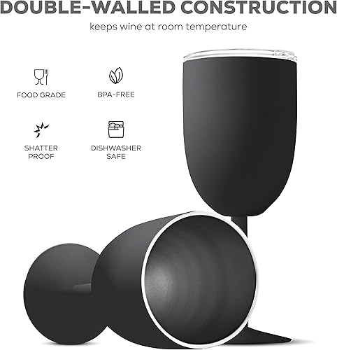 Miniatura 7 de FineDine Vaso de acero inoxidable, copas de vino, copas de vino, copas irrompibles con aislamiento de doble pared, tapa resistente a fugas sin BPA