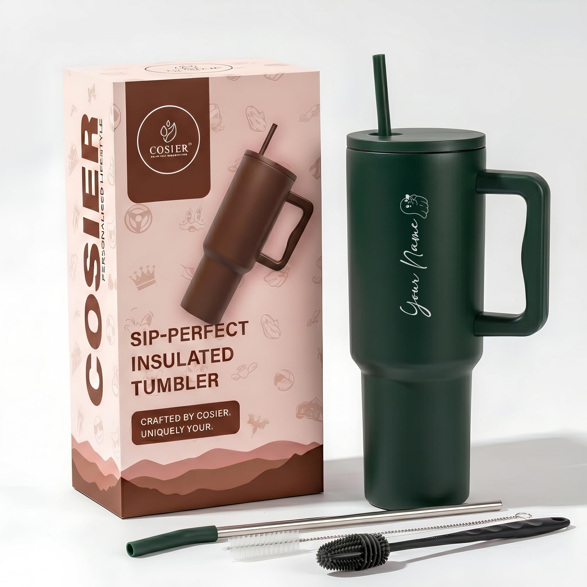 COSIER Personalised 1200ml Insulated Tumbler with Handle and Straw Lid – Large Travel Mug for Coffee & Water, Car Cupholder Friendly (Forest Green)