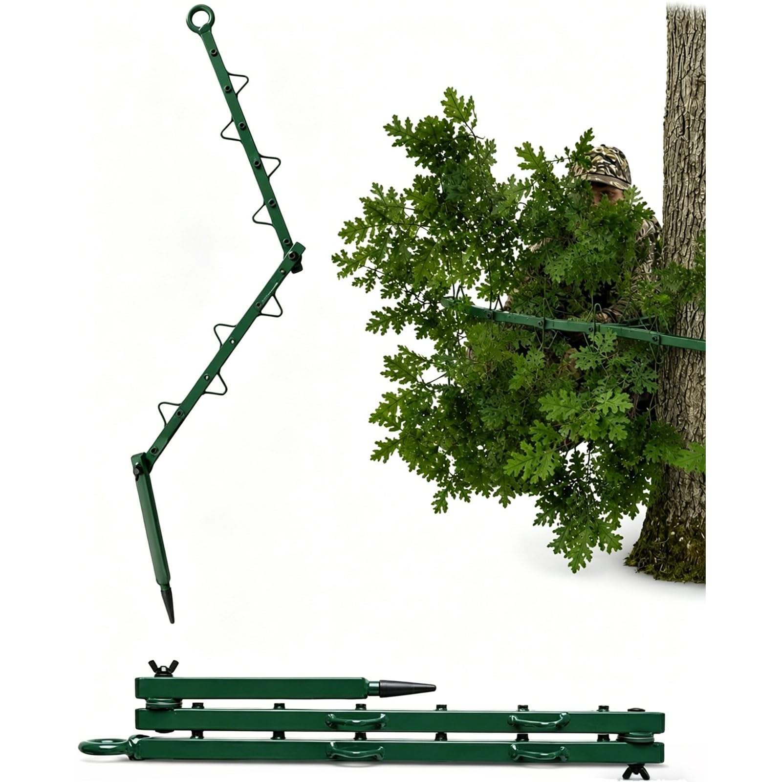 Hunting Concealment Branch Stand with Realistic Oak Leaves, Portable Camouflage Branch Holder for Tree Stand Or Ground Blind, Adjustable Multi-Hook Screening Cover for Deer Turkey Outdoor(1pcs)