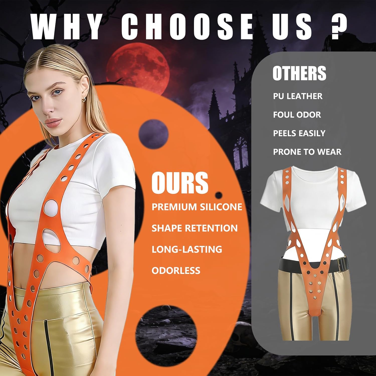 WELLMILLER Women's Novelty Orange Suspenders Harness Costume Props for Halloween Role Play (Silicone)