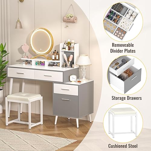 Miniatura 7 de Cyclysio Escritorio de tocador con espejo y luces, tocador de maquillaje con cajones, escritorio de maquillaje moderno con gabinete reversible,
