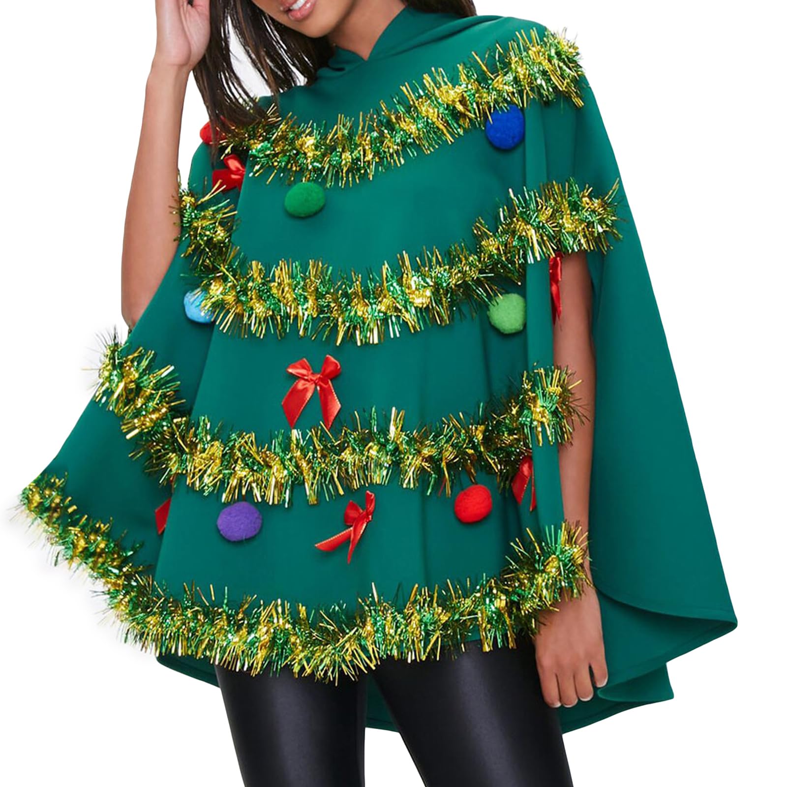 RUINIXCW Christmas Tree Poncho Costume for Women Bow Ball Shining Decor Hooded Cloak Cape Xmas Cosplay Dress Up Outfit (Green, S)