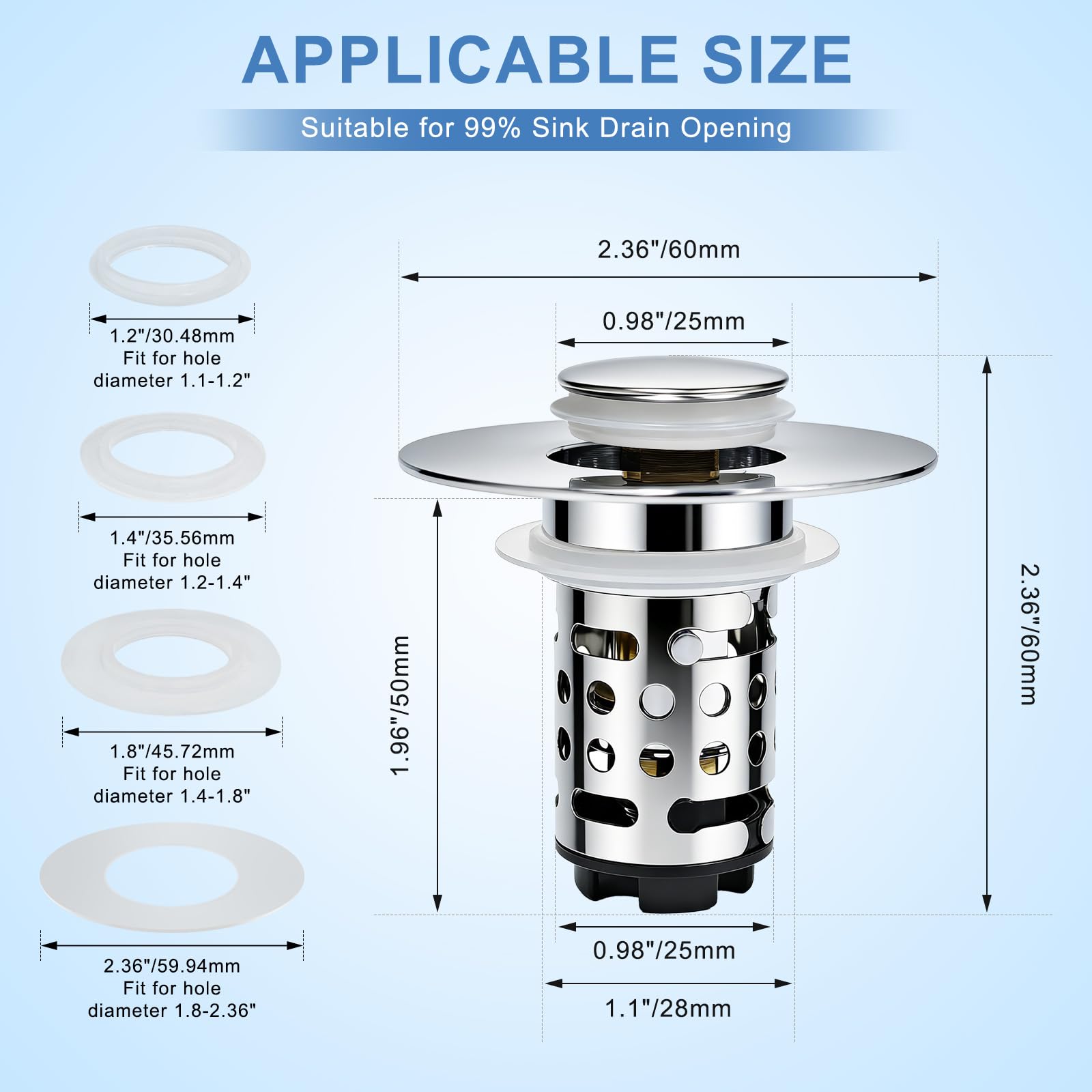 Colador de drenaje 3 en 1 mejorado para fregadero de baño, tapón universal desplegable con cesta de filtro de acero inoxidable extraíble, tapón de fregadero para lavabo de 1.1 a 2.36 pulgadas, núcleo
