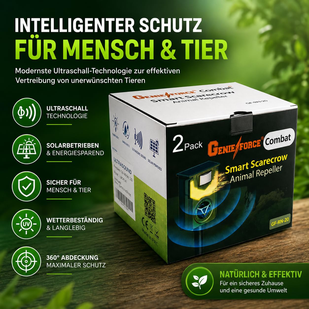 Genieforce® [2 Pack] Combat+ Smart Flammenlicht Ultraschall Tiervertreiber Tierabwehr Tierschreck gegen Katzen, Hunde, Marder, Fuchs, Vogel, Nager, Solar intelligente PIR-Sensoren - GF-BN-20