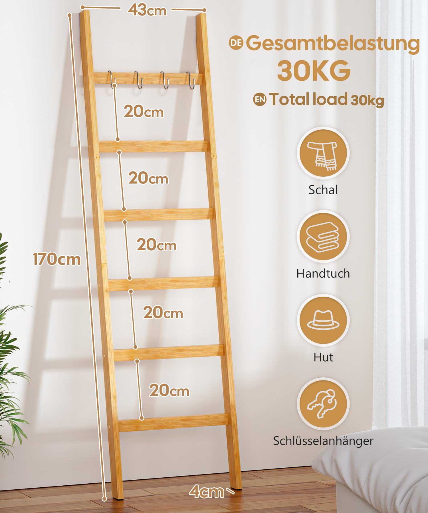 Yorbay Handtuchleiter Bambus, 6 Sprossen, Kleiderleiter mit 2 Sturzsicherheitsriemen und 4 Haken, Handtuchhalter Leiter für Dekoratives Badezimmer, Leiter Deko HxB 170 x 43 cm (Bambus)