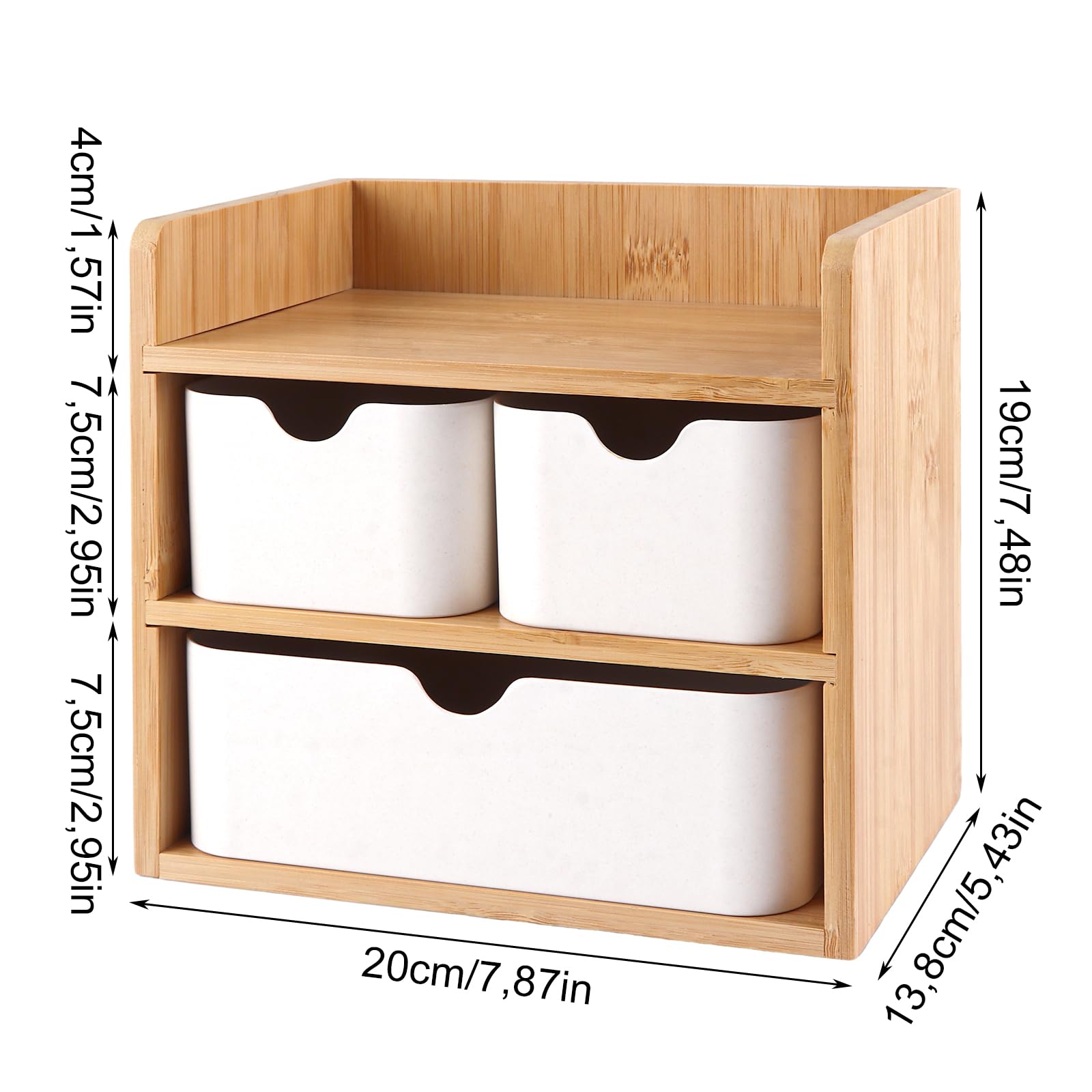 Aufbewahrungsbox mit Schubladen, Holz und Bambus, Schreibtisch Organizer, Make-Up Organizer Holz mit 3 Schubladen für Büro Zuhause Schule, Weiß