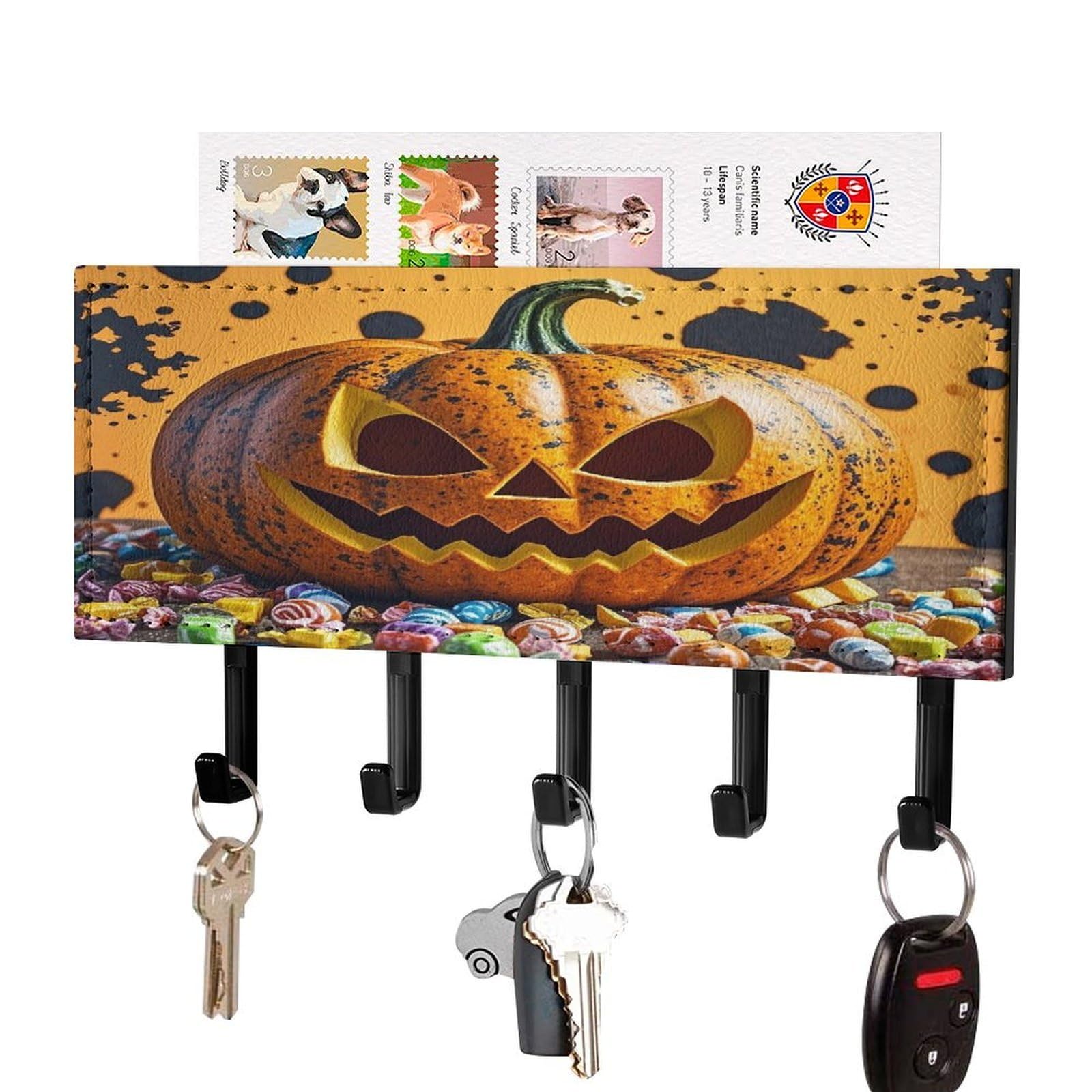 FekiLoot Pumpkins and Candies Key Holder Wall Mount Key Hooks for Wall Decorative with 5 Hooks PU Mail Rack Organizer with Shelf for Entryway Mudroom Hallway Office 7.1X4.3 in