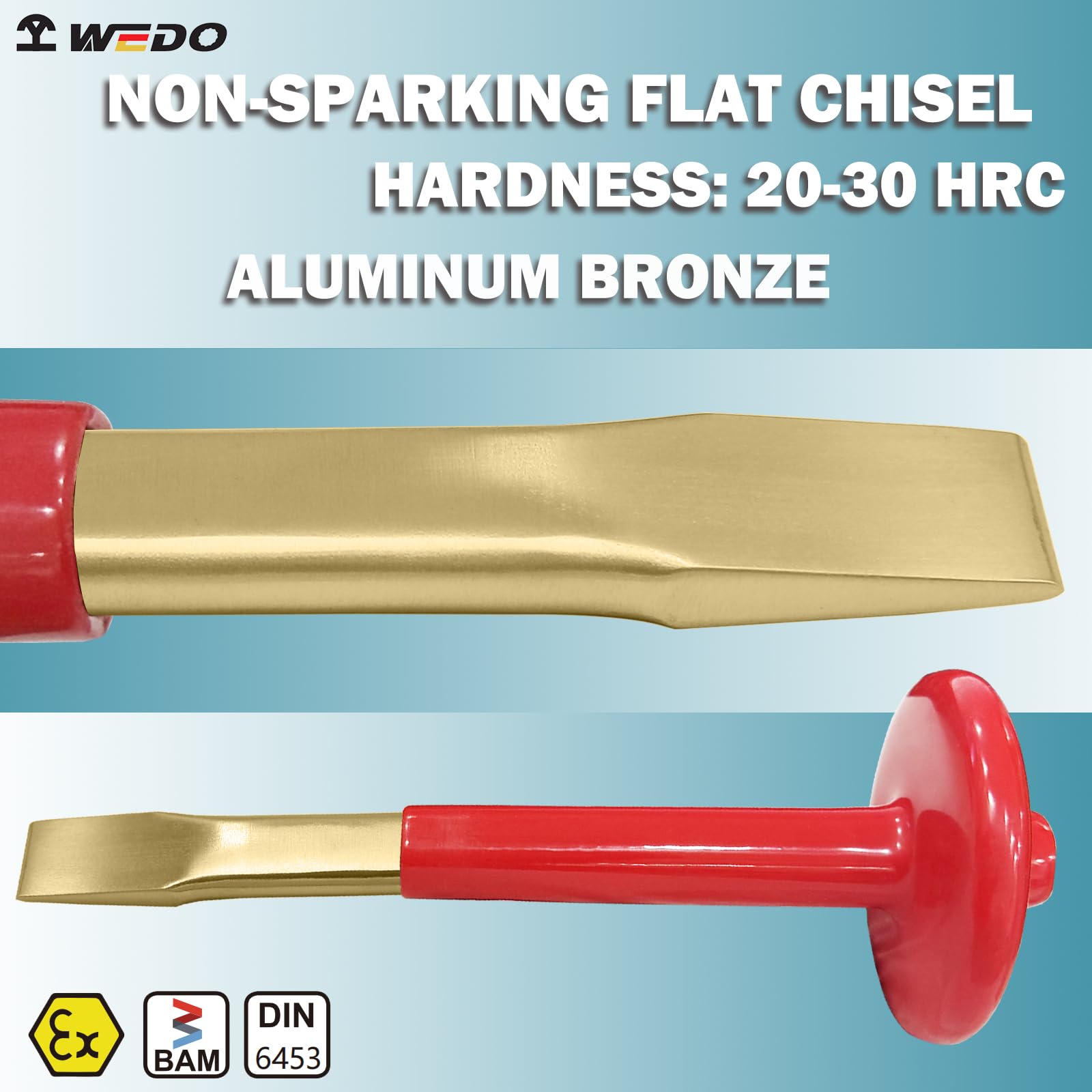 WEDO Cincel de mampostería sin chispas, cincel plano, cincel de ladrillo, cincel de roca, cincel de cemento, cincel de hormigón con protector de mano de grosor, bronce de aluminio, longitud 150 mm,