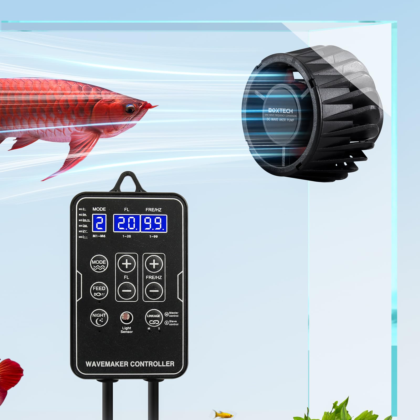 boxtech Acuario Bomba de Flujo 10 W,Acuarios WaveMaker,Bomba de onda de peces | 8000L/H con controlador e indicador LED DC 24 V, fuerte ventosa magnética