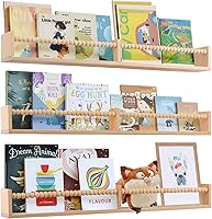 birola Nursery Book Shelves for Kids - 32" Floating Wall Bookshelves Set of 3 with Beads, Space-Saving Natural Wood for Playroom & Bedroom