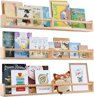 birola Nursery Book Shelves for Kids - 32" Floating Wall Bookshelves Set of 3 with Beads, Space-Saving Natural Wood for Playroom & Bedroom