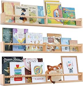 Nursery Book Shelves for Kids Rooms - 32 Inches Floating Wall Bookshelves Set of 3, Natural
