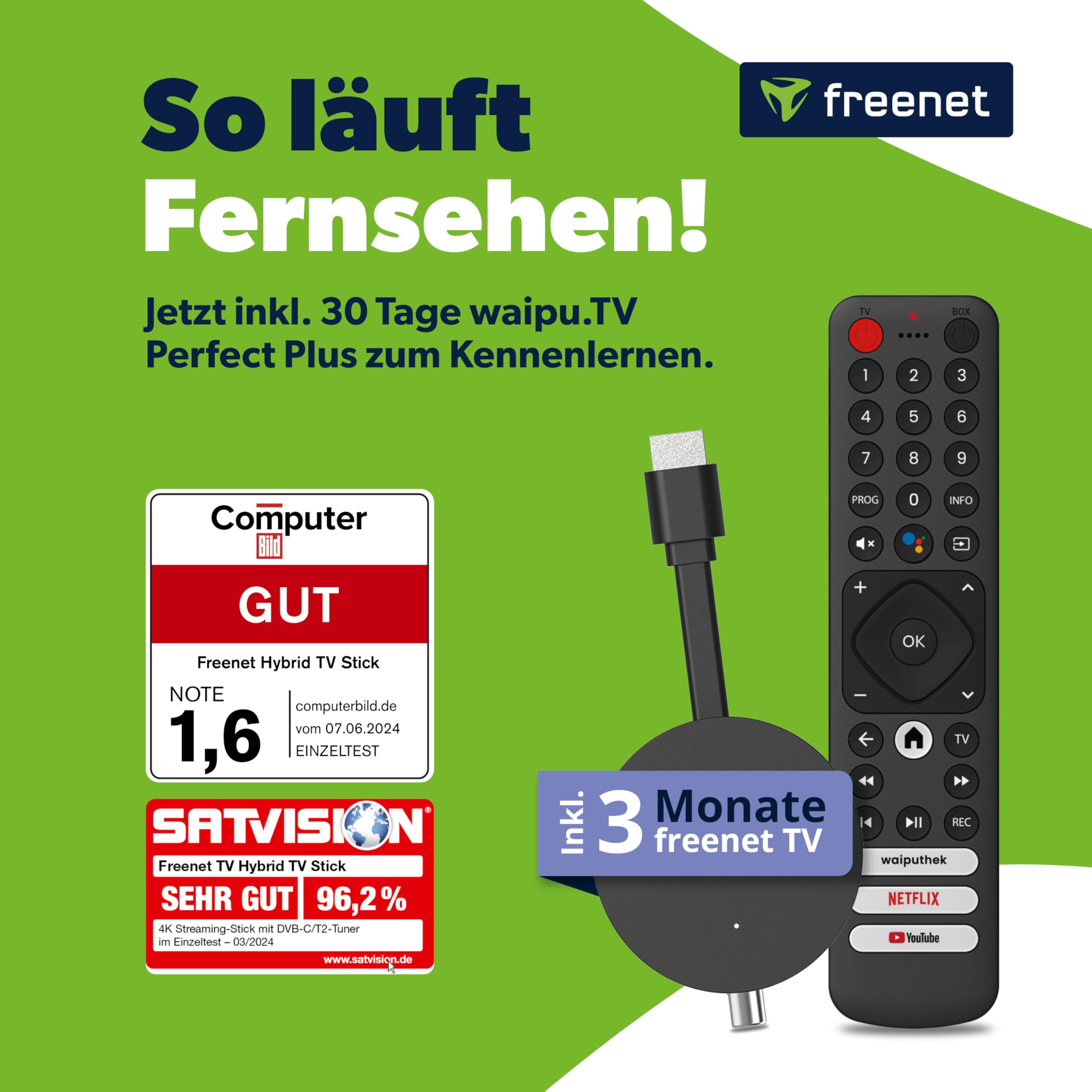 freenet TV Hybrid TV Stick, DVB-C/T2 & Streaming, 3 Monate freenet TV, Android TV 3, WLAN HDMI Streaming Stick mit Chromecast, 4K UHD