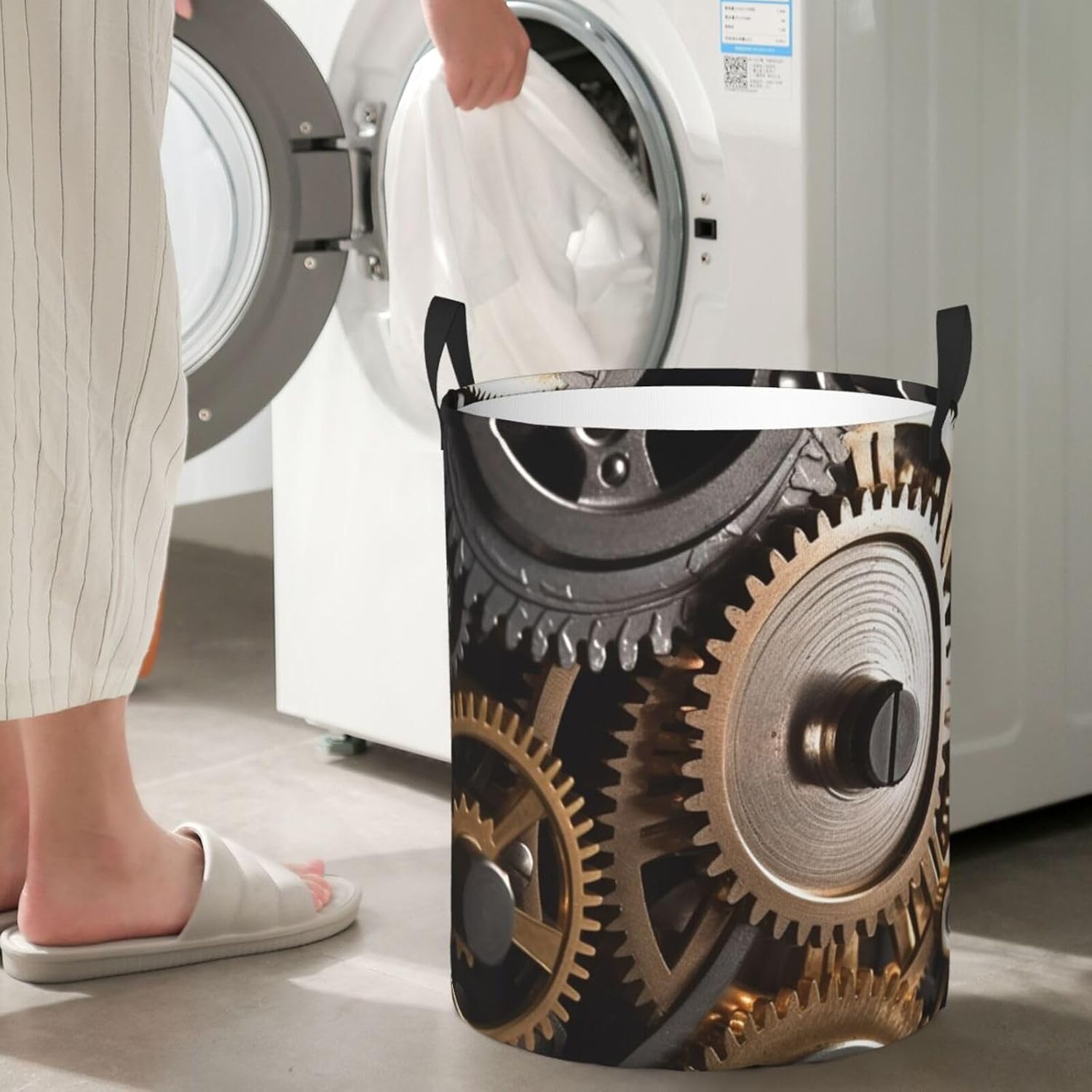 Mechanical Gears print Circular Hamper Waterproof Storage Bin Organizer Basket Laundry Hamper With Handles For Clothes Toys Small