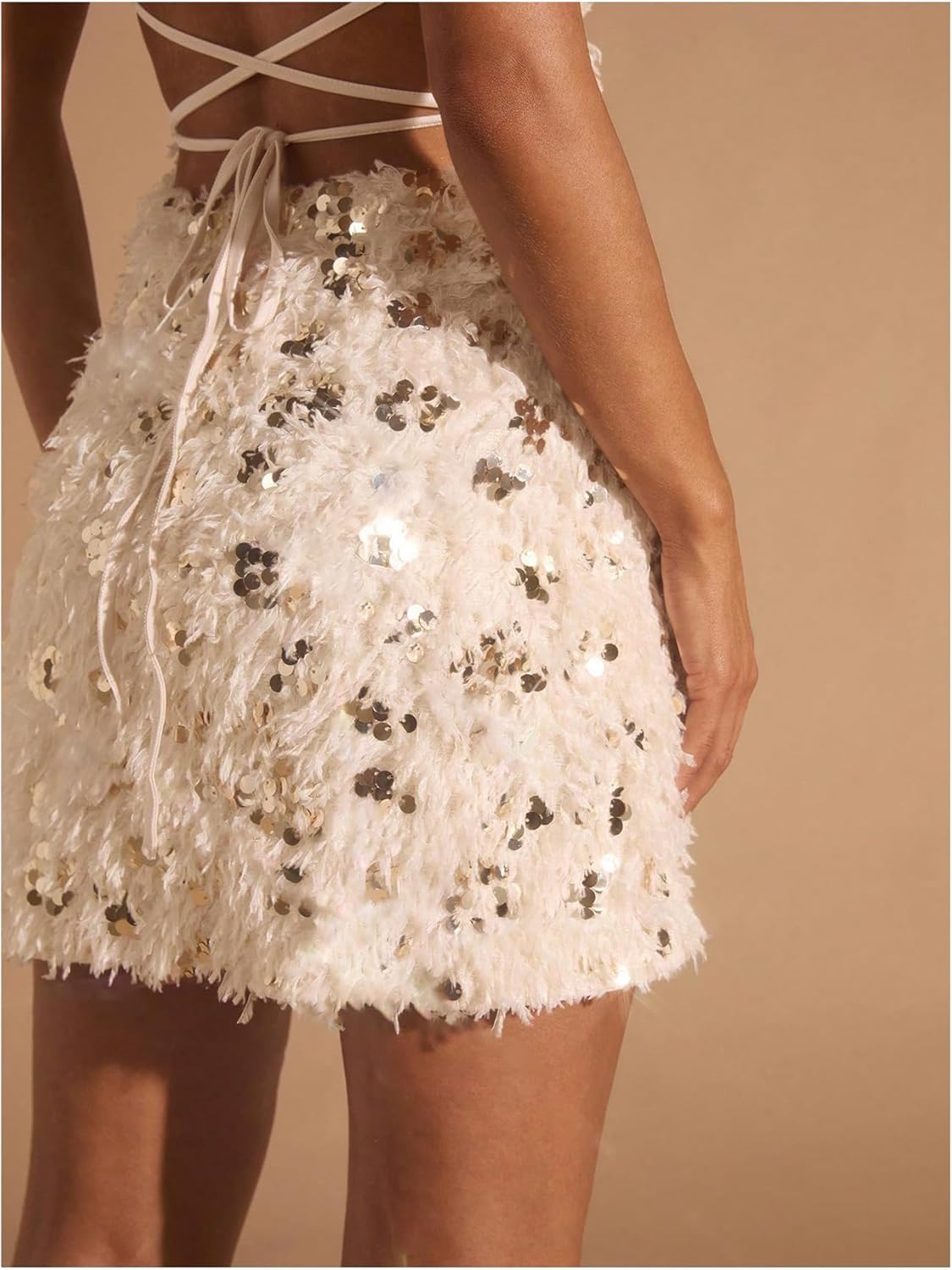 Floerns Women's Sparkly Sequin Fuzzy Halter Mini Dress Lace Up Backless Party Club Dresses - Image 3