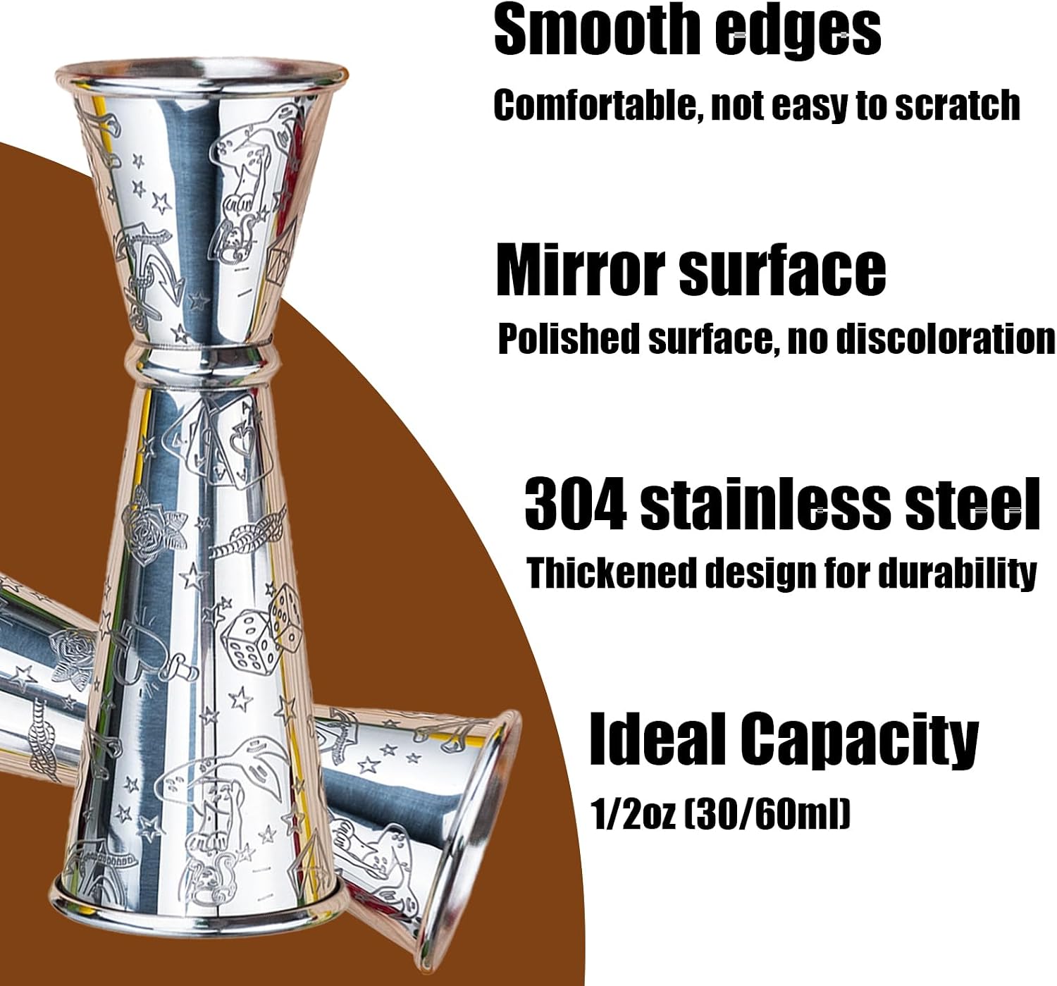 Jigger for Bartending, Cocktail Jigger 2 oz 1 oz with Measurements Inside, 304 Stainless Steel Jigger, bar Accessories, Cocktail Measuring Cup, Silver, Etched