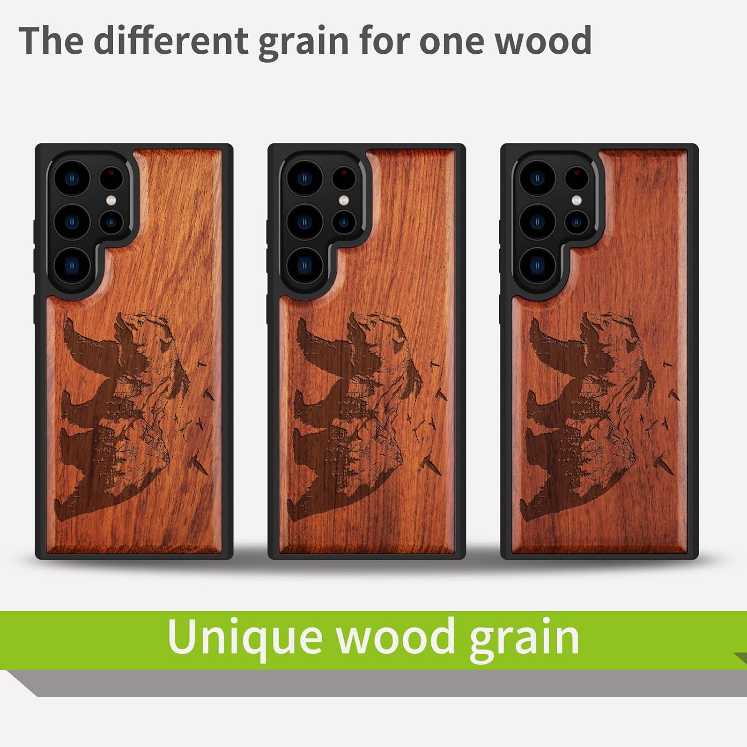 Carveit Wood Case for Galaxy S24 Ultra Case [Natural Wood & Black Soft TPU] Shockproof Protective Cover Unique Wooden Design Compatible with Samsung S24 Ultra (Bear and Valleys-Rosy)