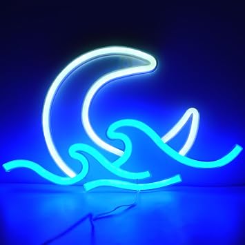 Moon Wave Neon Sign, Aesthetic Night Light for Bedroom | USB/battery moon wave neon light 29.5 18cm blue LED lights ideal anime room decor,bedroom night light,or aesthetic wall art
